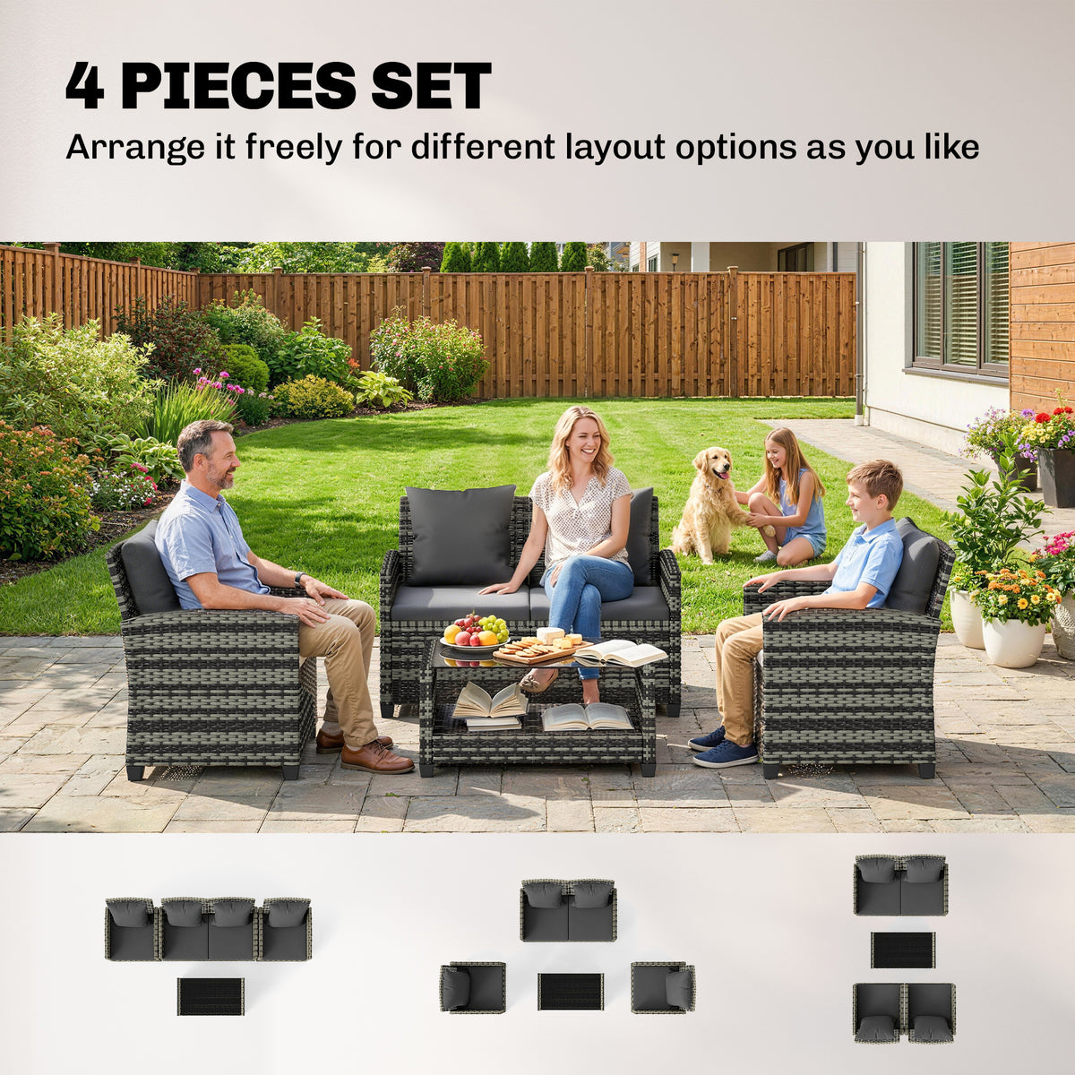 4-Piece Outdoor Wicker Patio Furniture Conversation Set, Includes Loveseat, Chairs and 2-Tier Table with Cushions, Modern Rattan Sofa Set for Backyard – Dark Grey