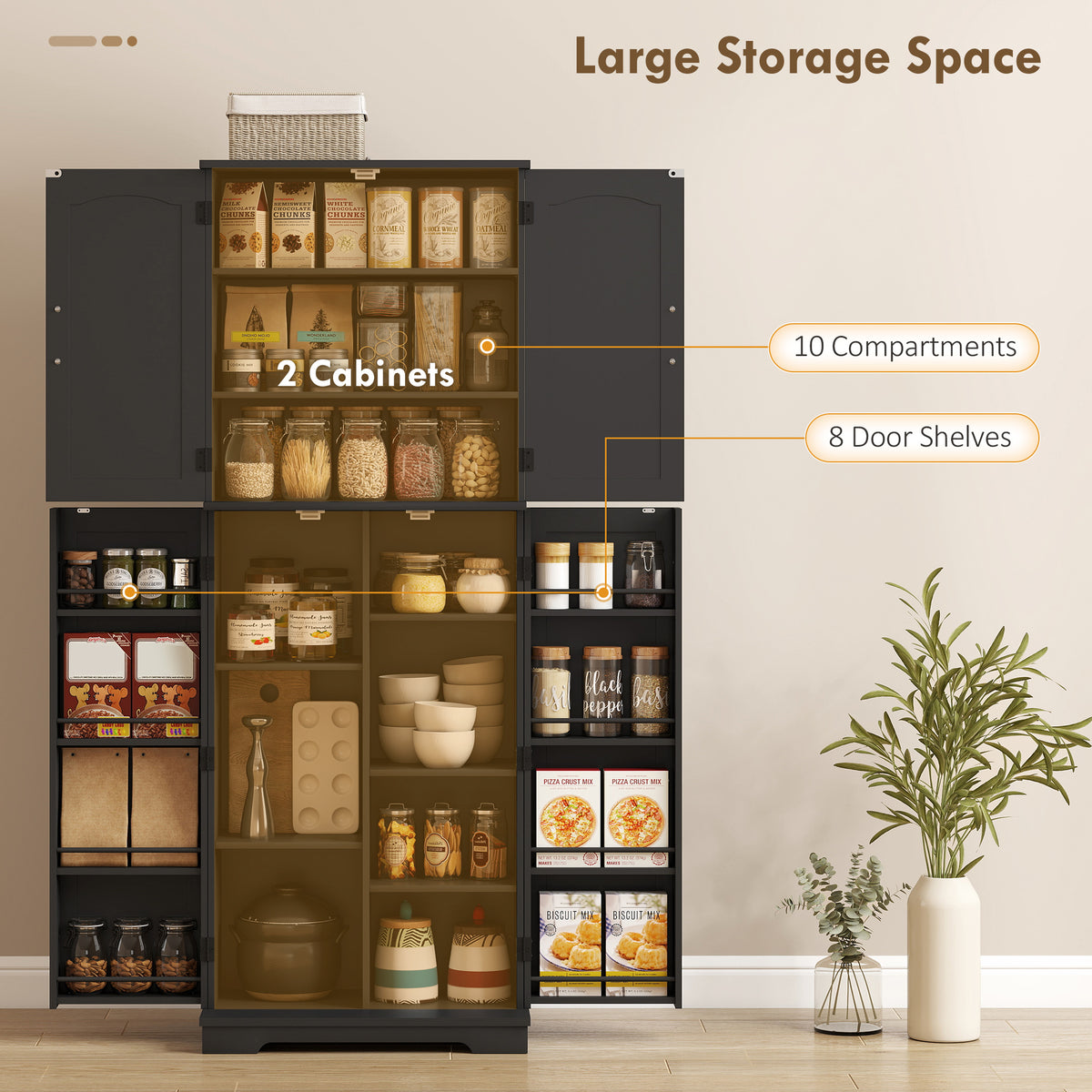 Storage Cabinet with Adjustable Shelves and 8 Door Spice Racks – 24"W x 64"H