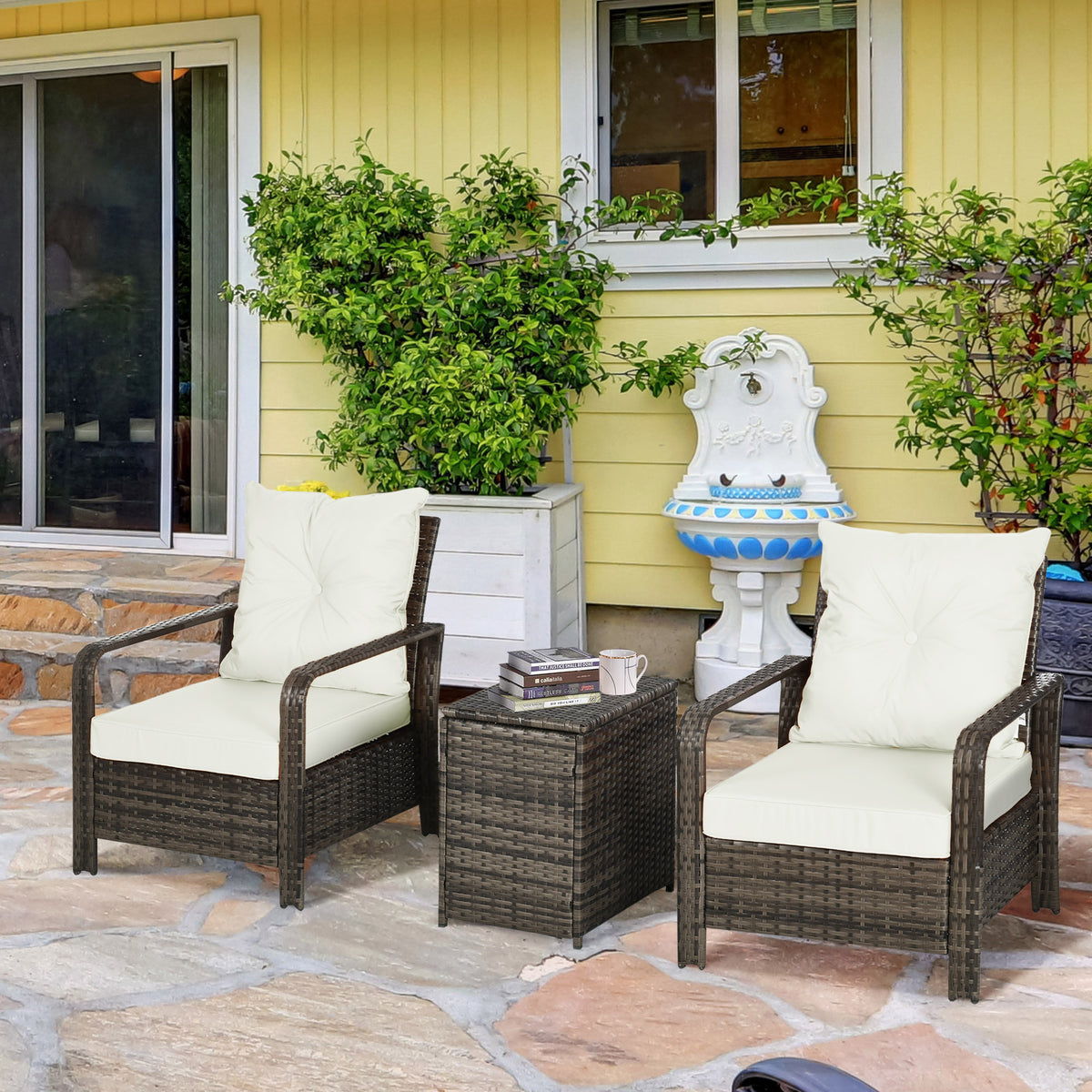 3 Pieces Wicker Patio Furniture Set, Rattan Bistro Set with Storage Coffee Table and Thickened Cushions, Outdoor Conversation Set for Garden, Porch, Balcony – Beige