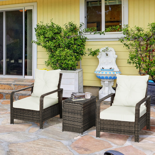 3 Pieces Wicker Patio Furniture Set, Rattan Bistro Set with Storage Coffee Table and Thickened Cushions, Outdoor Conversation Set for Garden, Porch, Balcony – Beige
