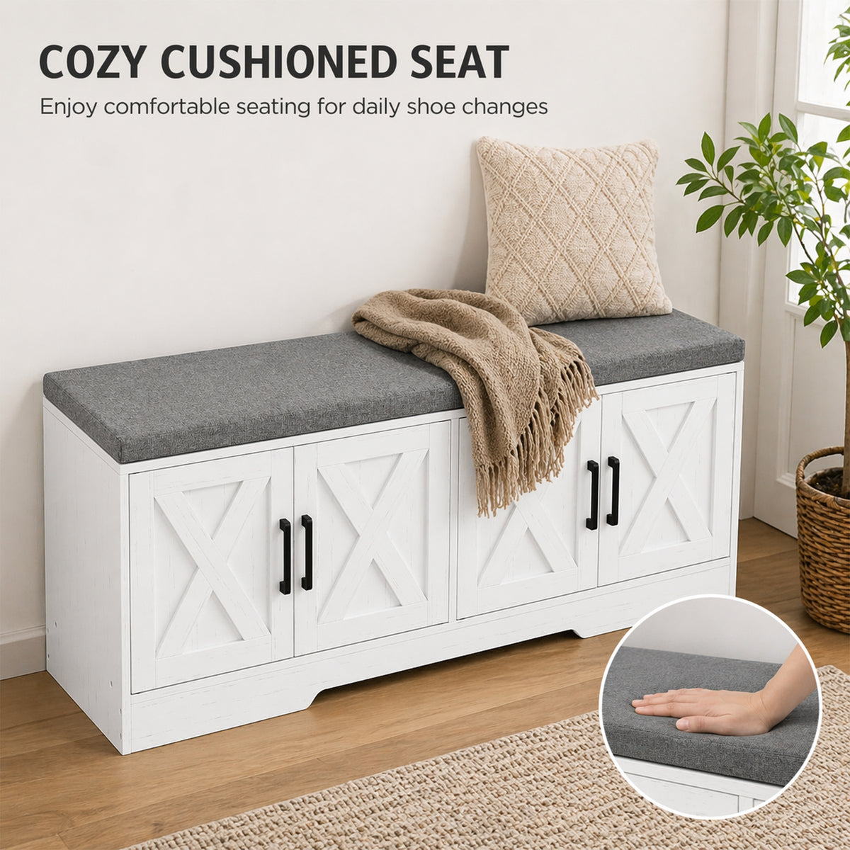 Shoe Storage Bench with Cushion and Doors – 47"W x 18"H