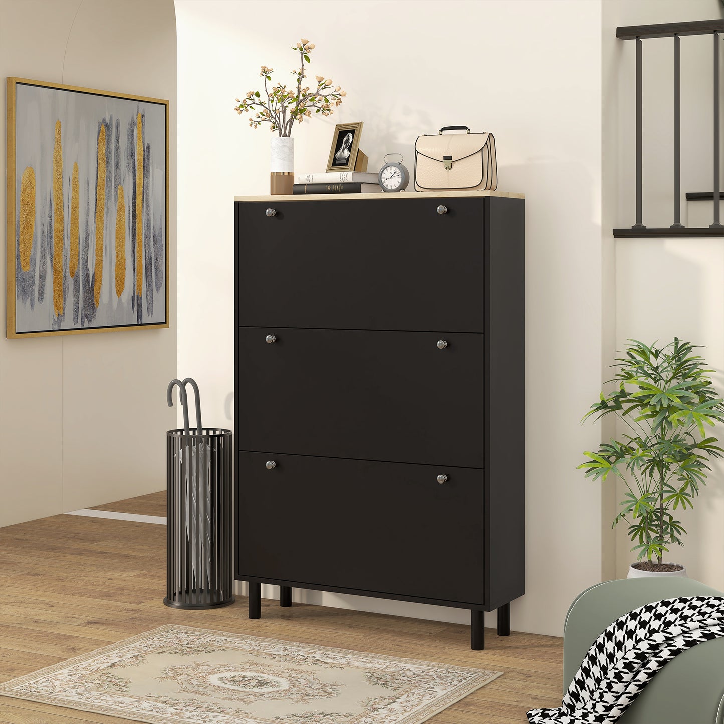 HOMCOM Black Entryway Shoe Cabinet with 3 Flip Drawers, Adjustable Shelves