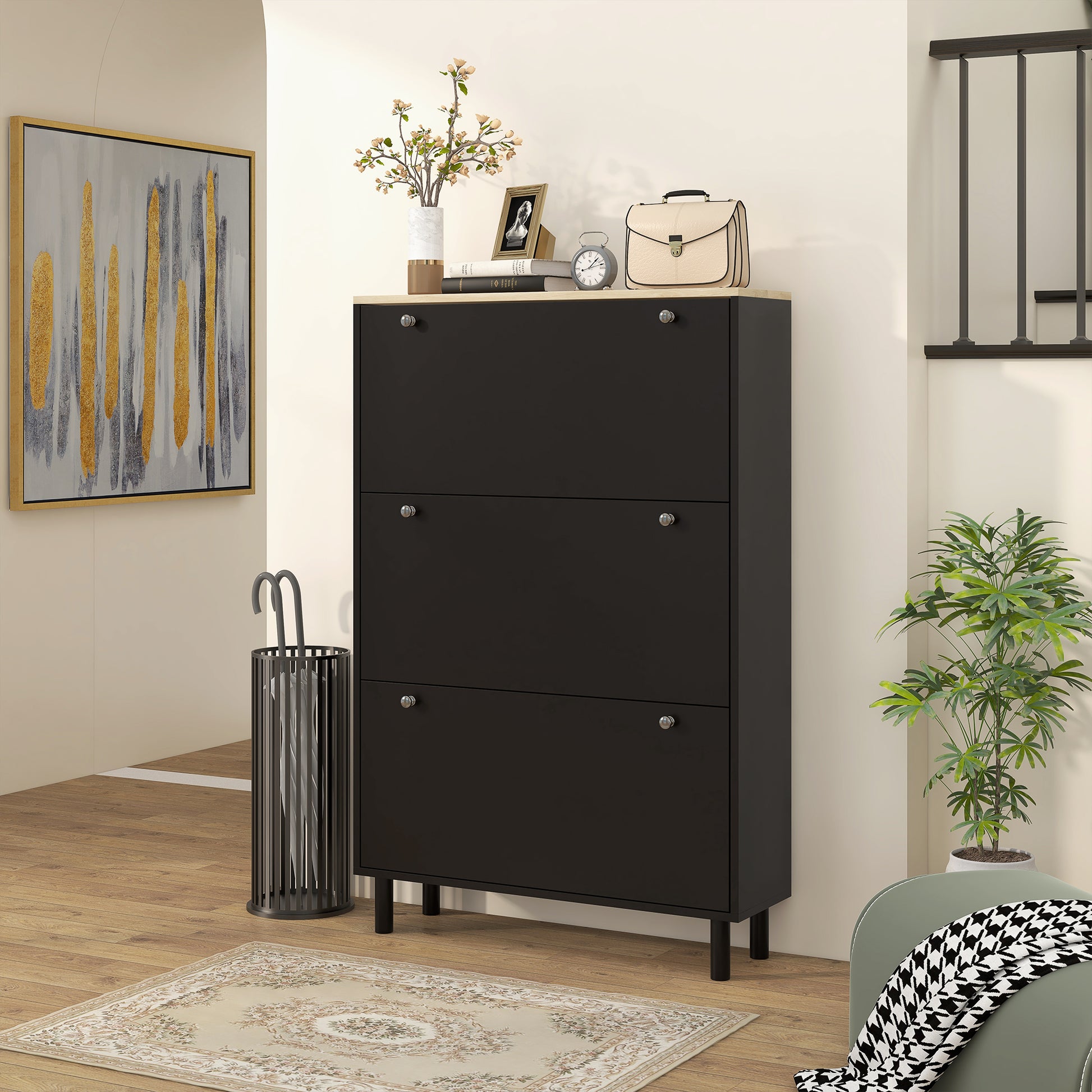 HOMCOM Black Entryway Shoe Cabinet with 3 Flip Drawers, Adjustable Shelves