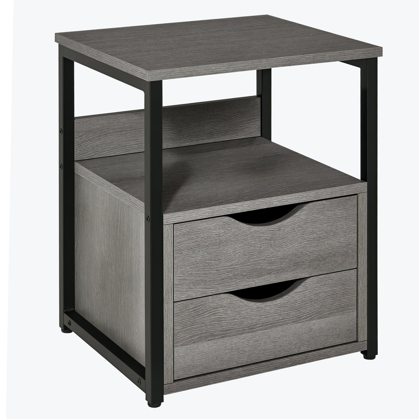 HOMCOM Industrial Grey Nightstand Side Table, 2 Drawers, Open Storage Shelf, Metal Frame