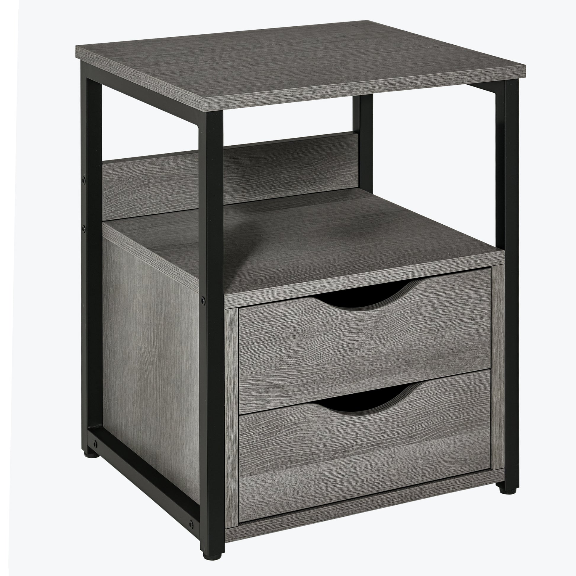 HOMCOM Industrial Grey Nightstand Side Table, 2 Drawers, Open Storage Shelf, Metal Frame