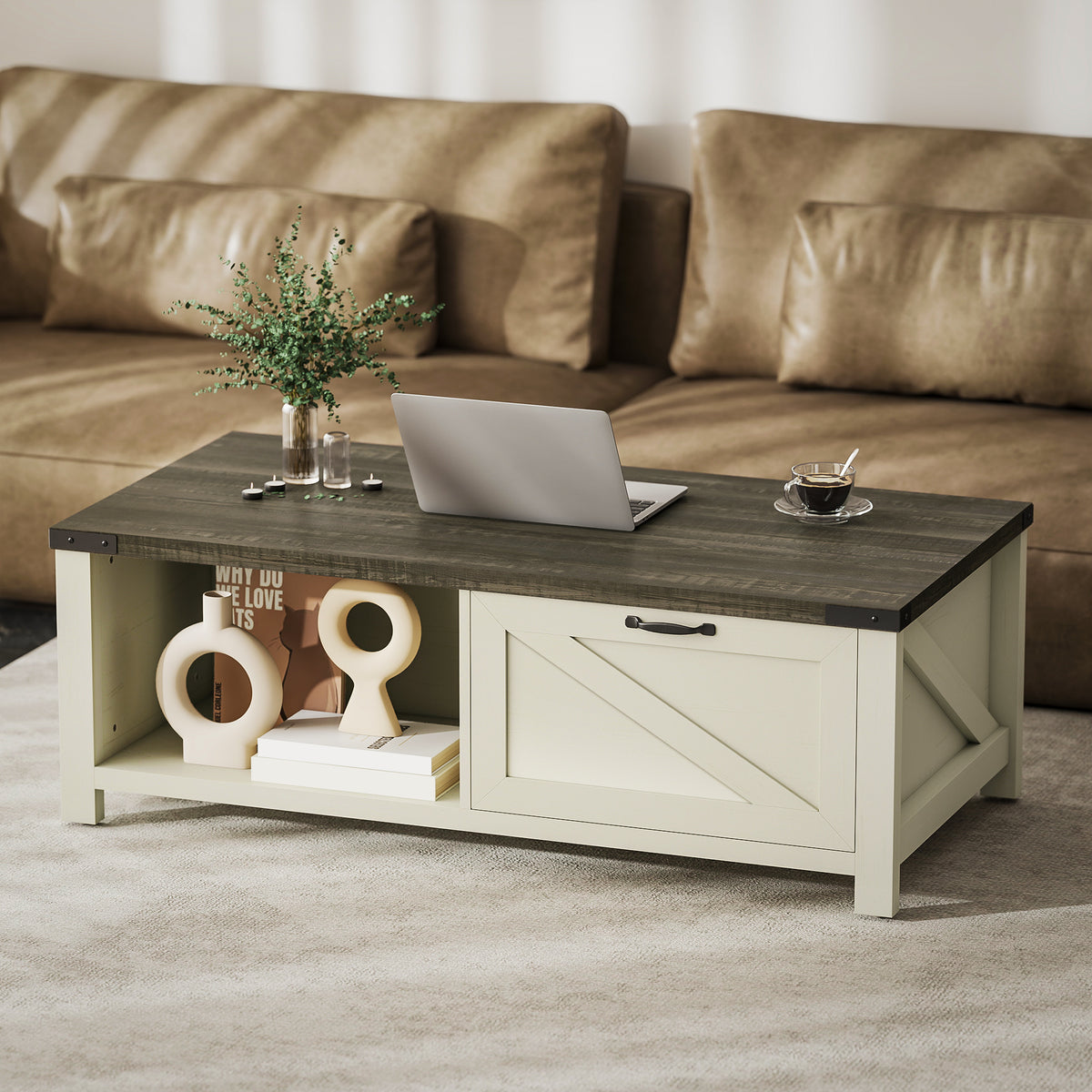 Farmhouse Coffee Table with Barn-Door Drawer and Open Shelf, Distressed White
