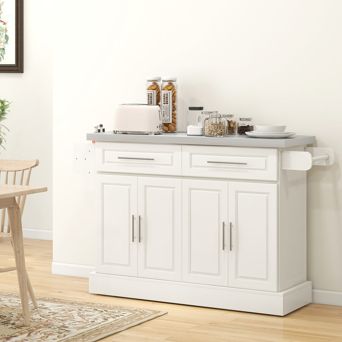 Rolling Kitchen Island with Stainless Steel Top – 57"W x 37"H