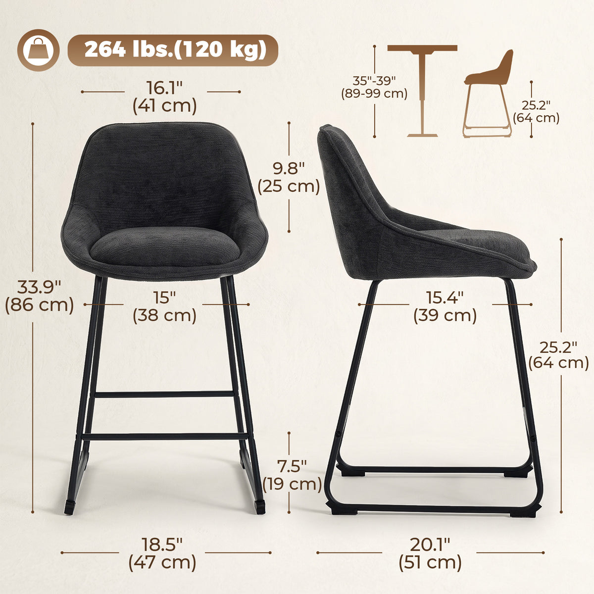 Chenille Counter Height Bar Stools with Backrest and Footrest, Set of 2