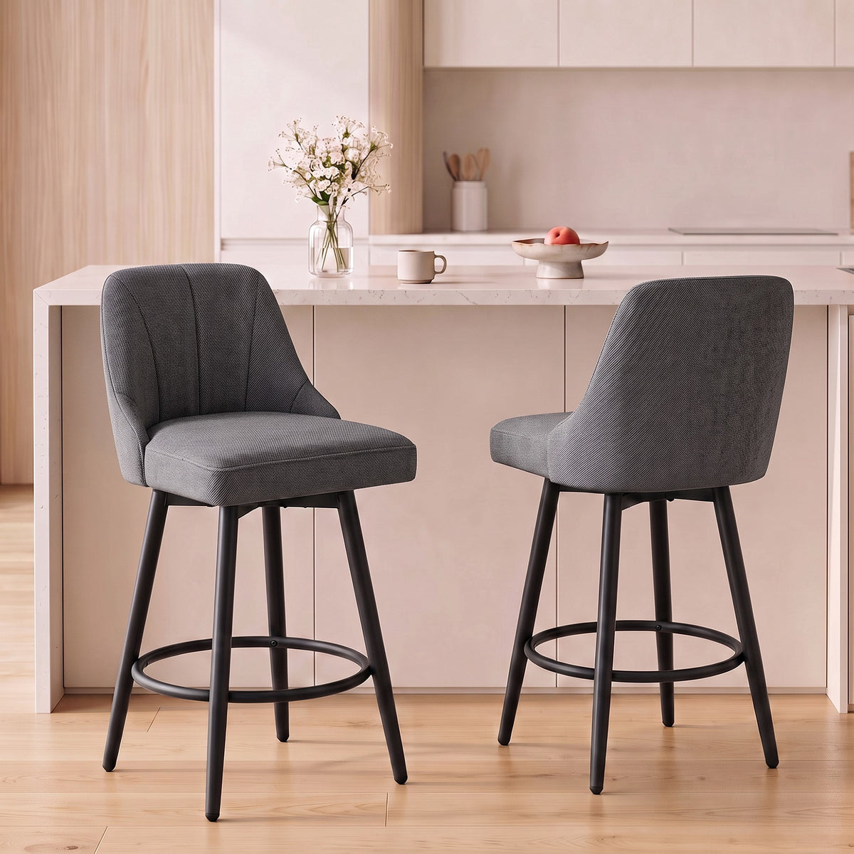Quilted Faux Linen Swivel Counter Stools with Backrest, Set of 2