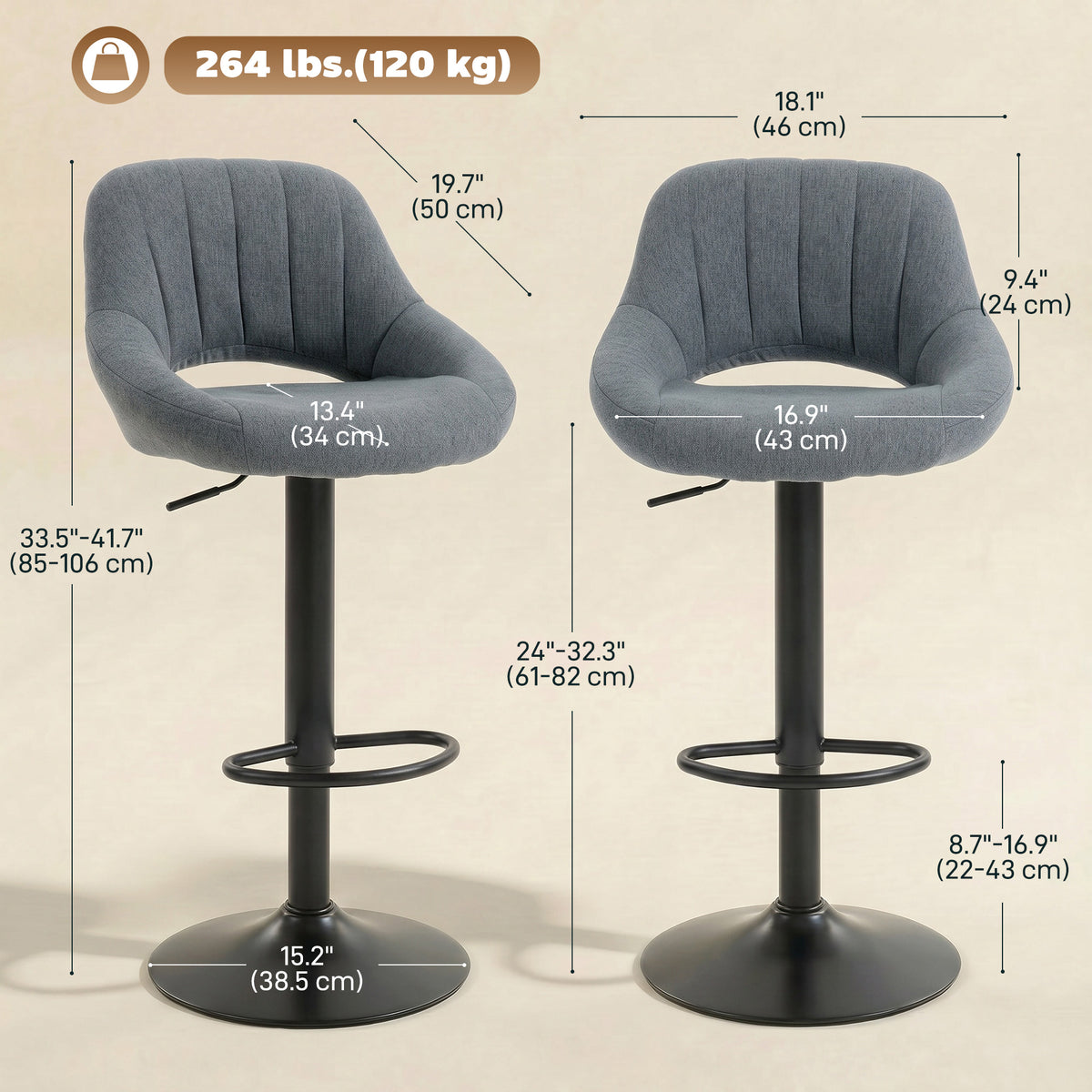 Linen Swivel Counter Stools with Round Metal Base, Set of 2