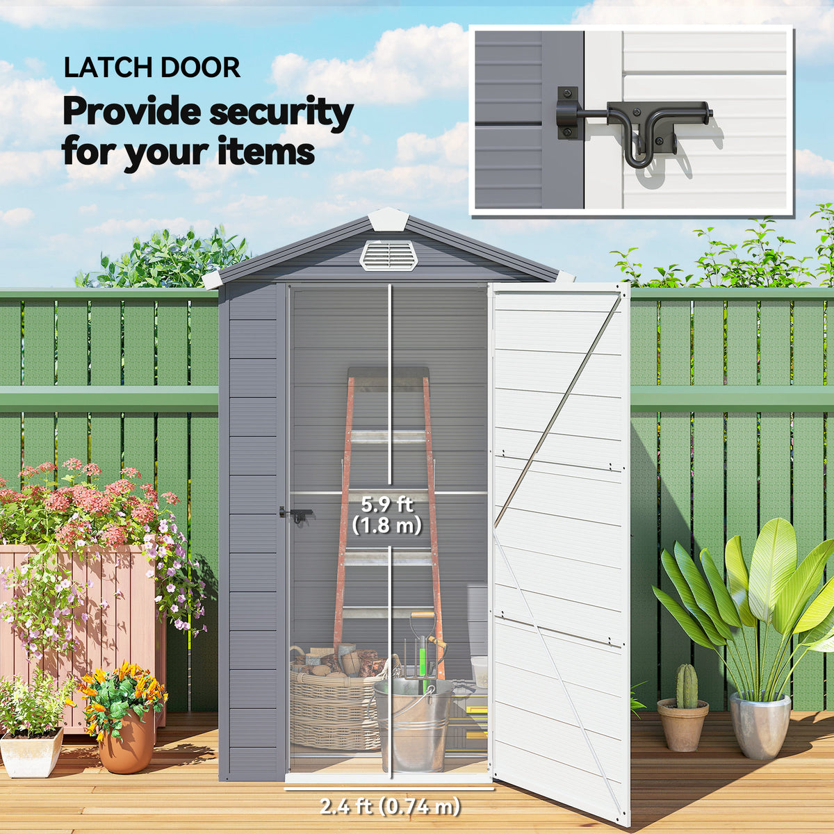 4.4' x 3.3' Plastic Garden Storage Shed with Latch Door, Vents, Sloped Roof