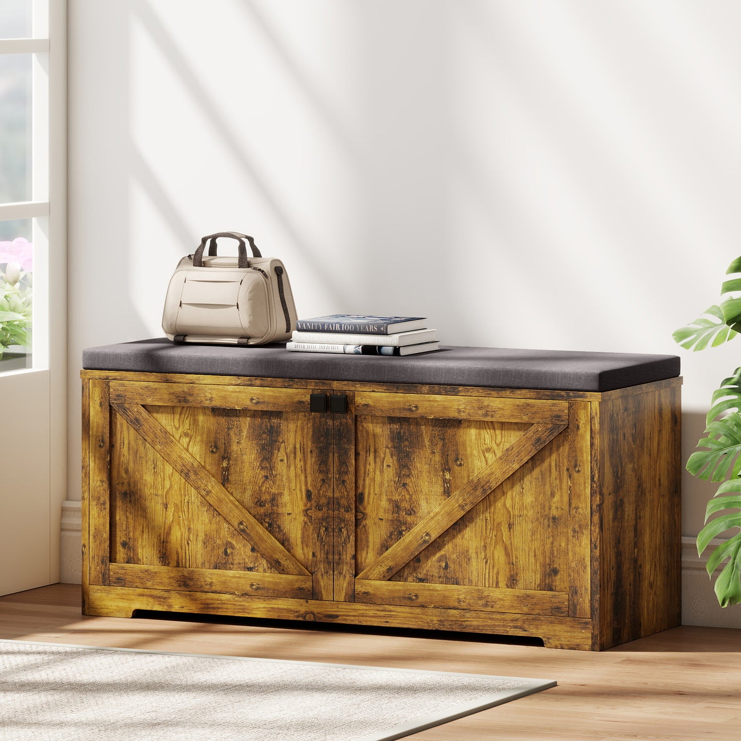 HOMCOM Rustic Brown Entryway Shoe Storage Bench with Padded Seat, Holds 8 Pairs