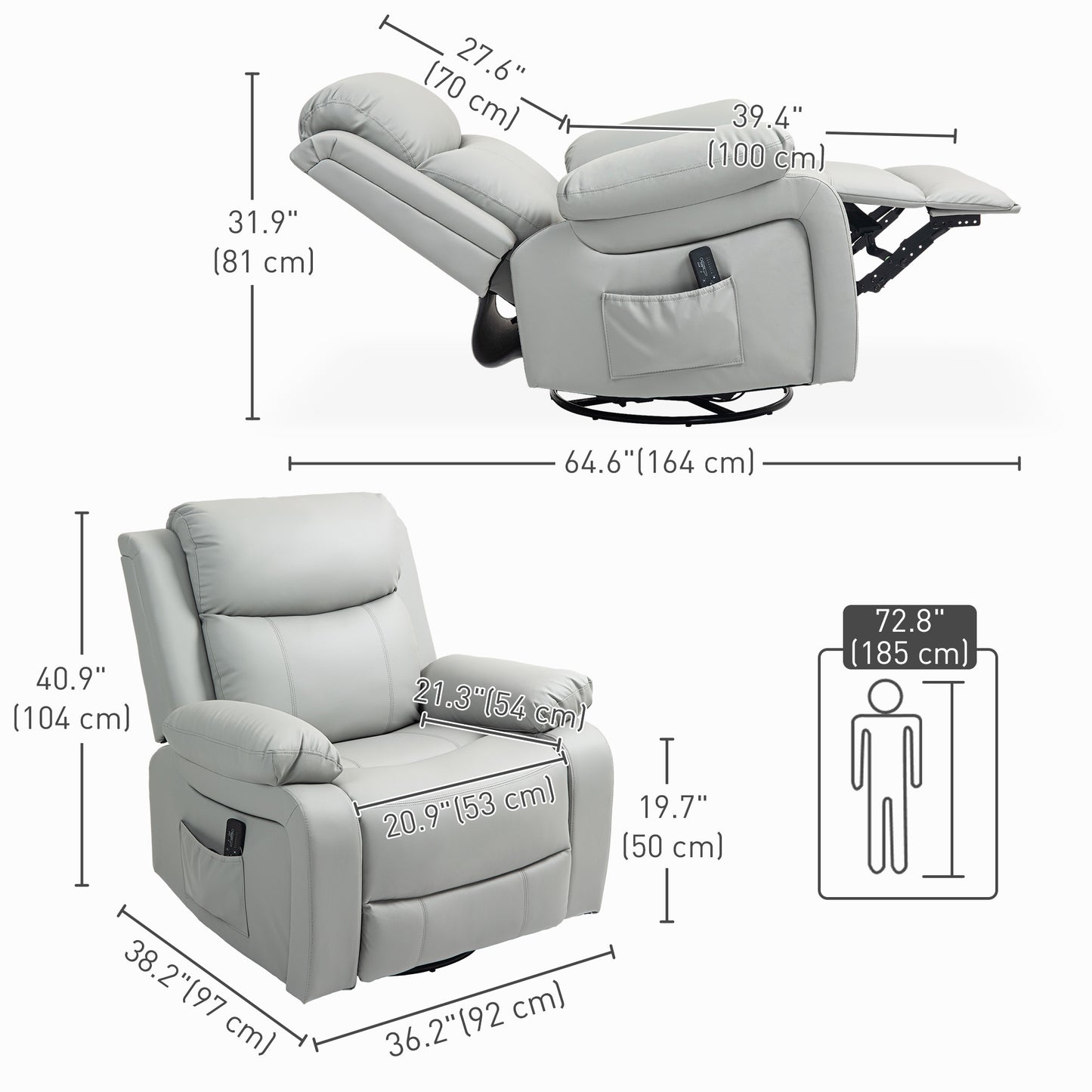 HOMCOM Light Grey PU Leather Massage Recliner Chair with Swivel Base