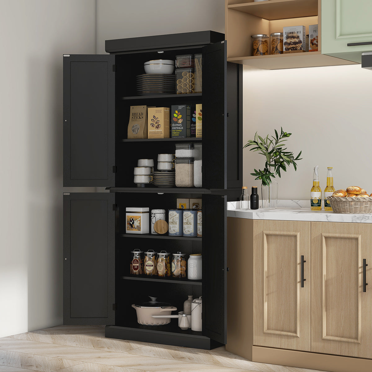 Freestanding Kitchen Pantry Cabinet with 4 Doors – 30"W x 73"H, Black