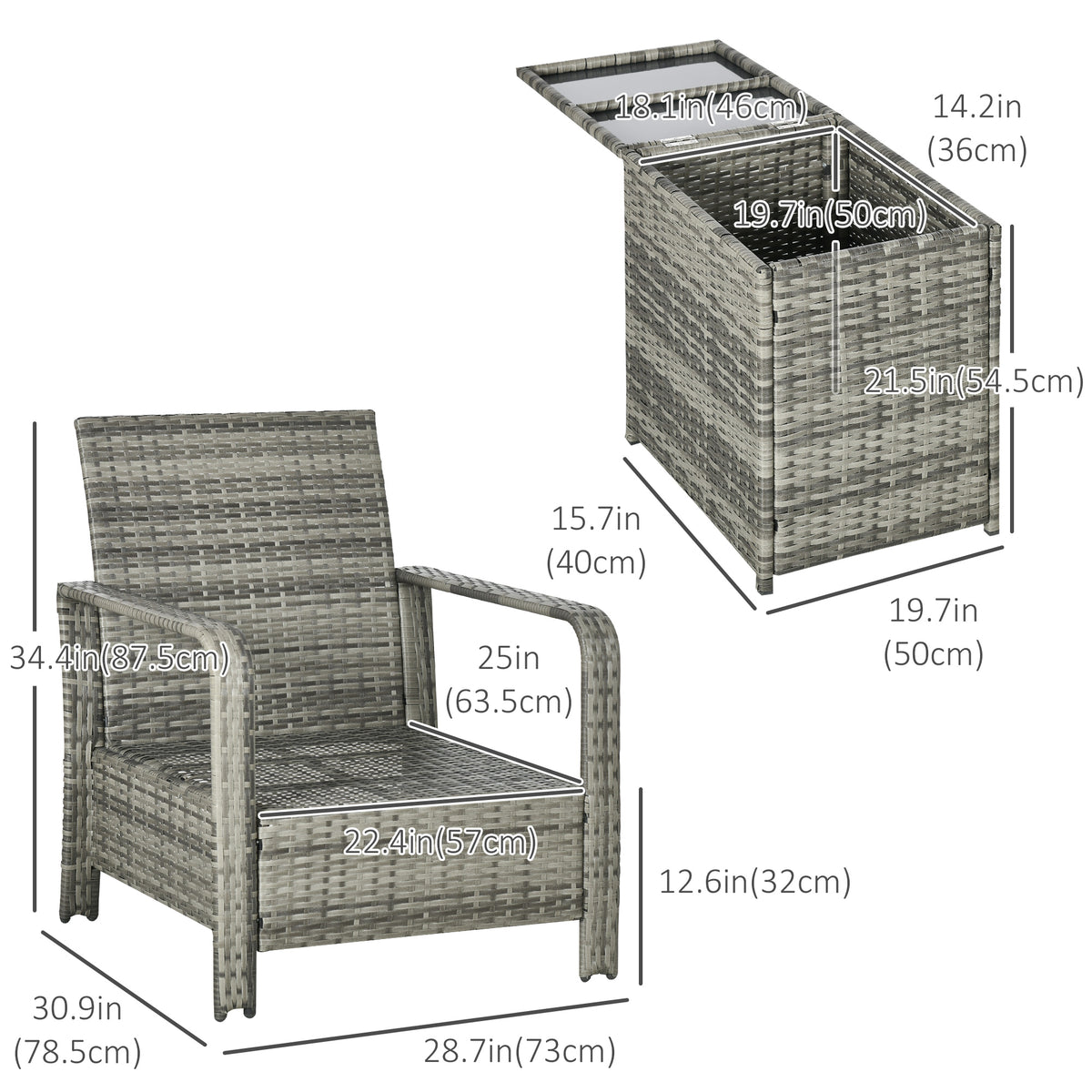 3 Pieces Wicker Patio Furniture Set, Rattan Bistro Set with Storage Coffee Table and Thickened Cushions, Outdoor Conversation Set for Garden, Porch, Balcony – Beige