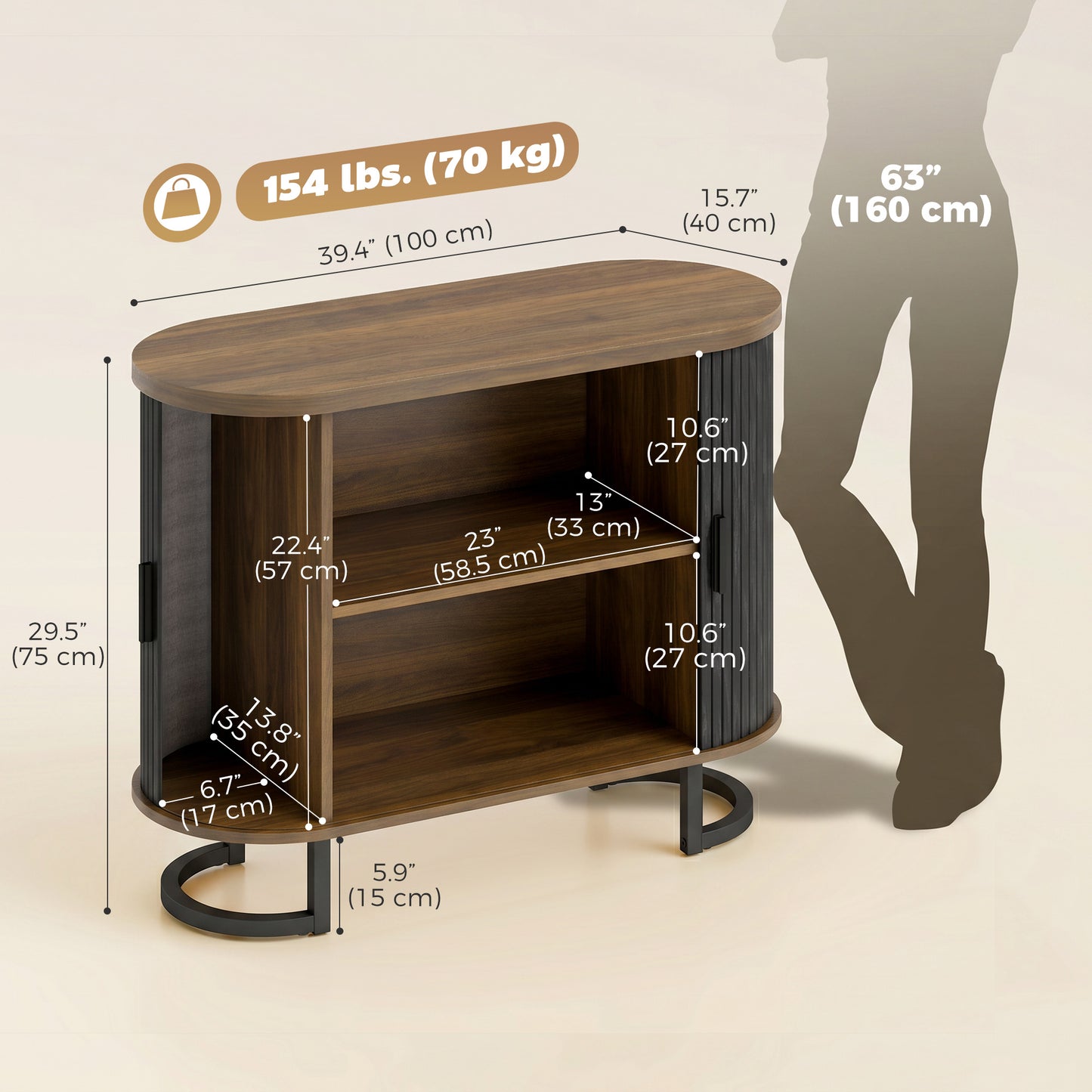 HOMCOM Sideboard Buffet Cabinet Curved Tambour Doors Brown Black
