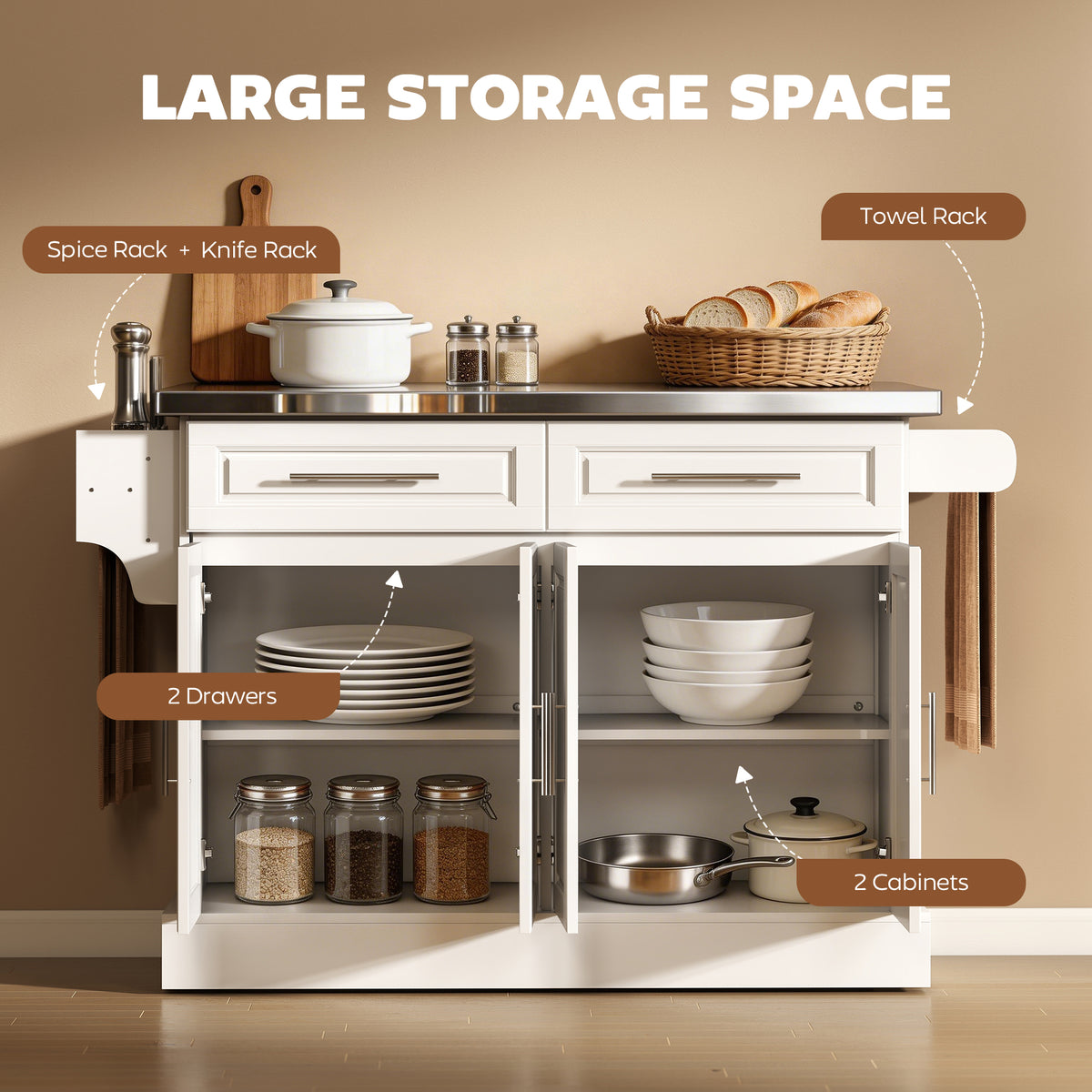 Kitchen Island with Stainless Steel Top – 57"W x 36"H