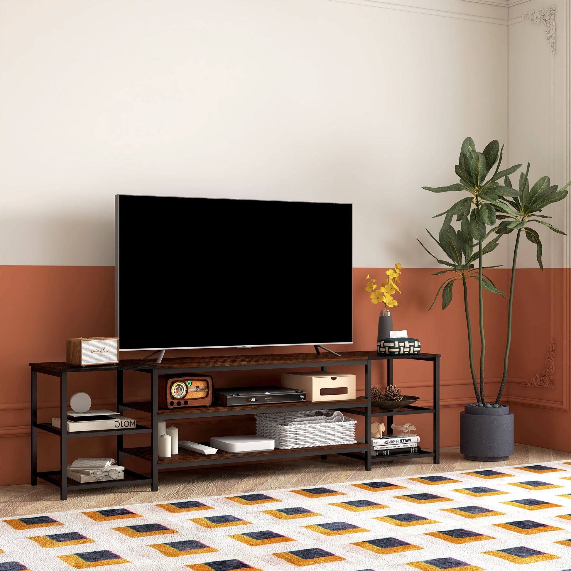 HOMCOM Industrial TV Stand for 80-inch TVs with Open Storage Shelves