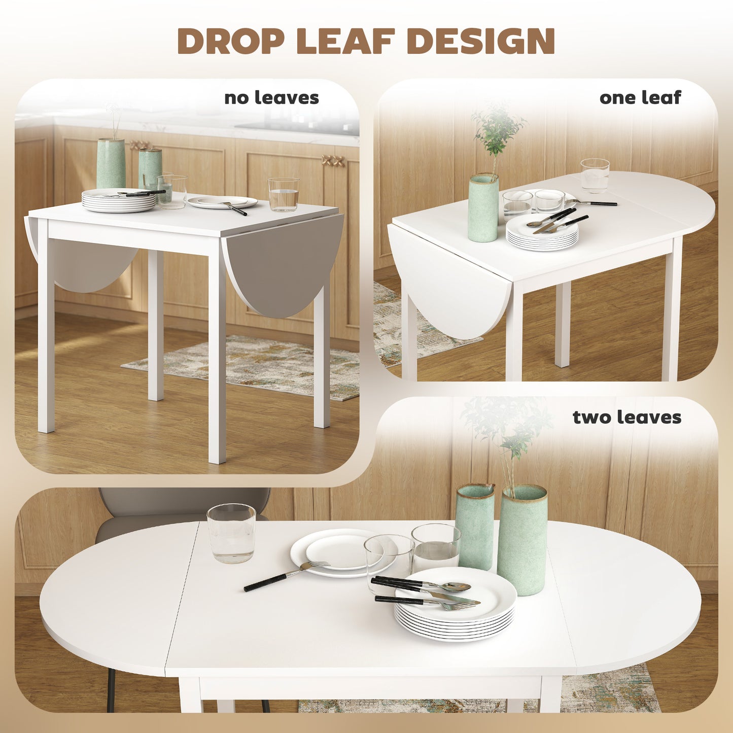 HOMCOM Solid Wood Drop Leaf Dining Table White