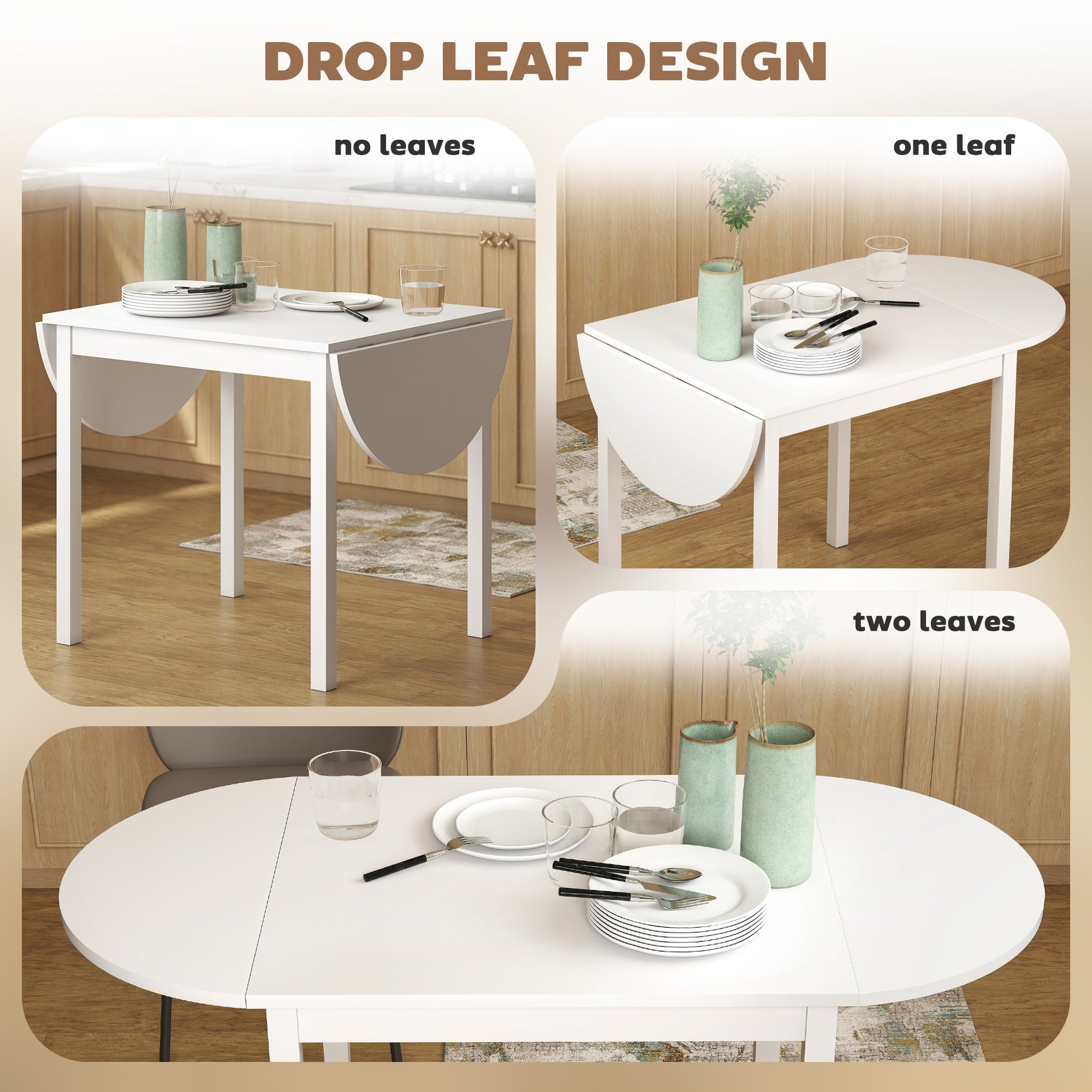 HOMCOM Solid Wood Drop Leaf Dining Table White