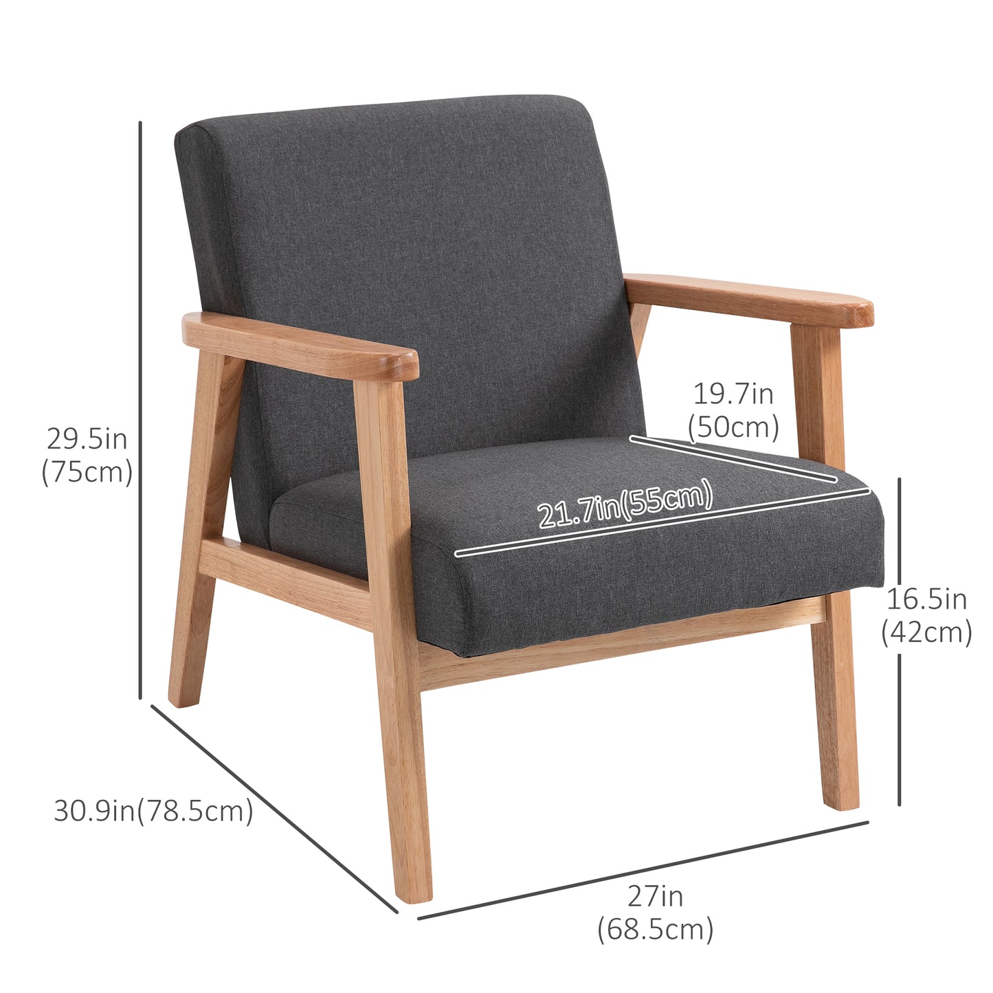 Mid-Century Modern Linen Accent Chair with Wooden Arms - Dark Grey