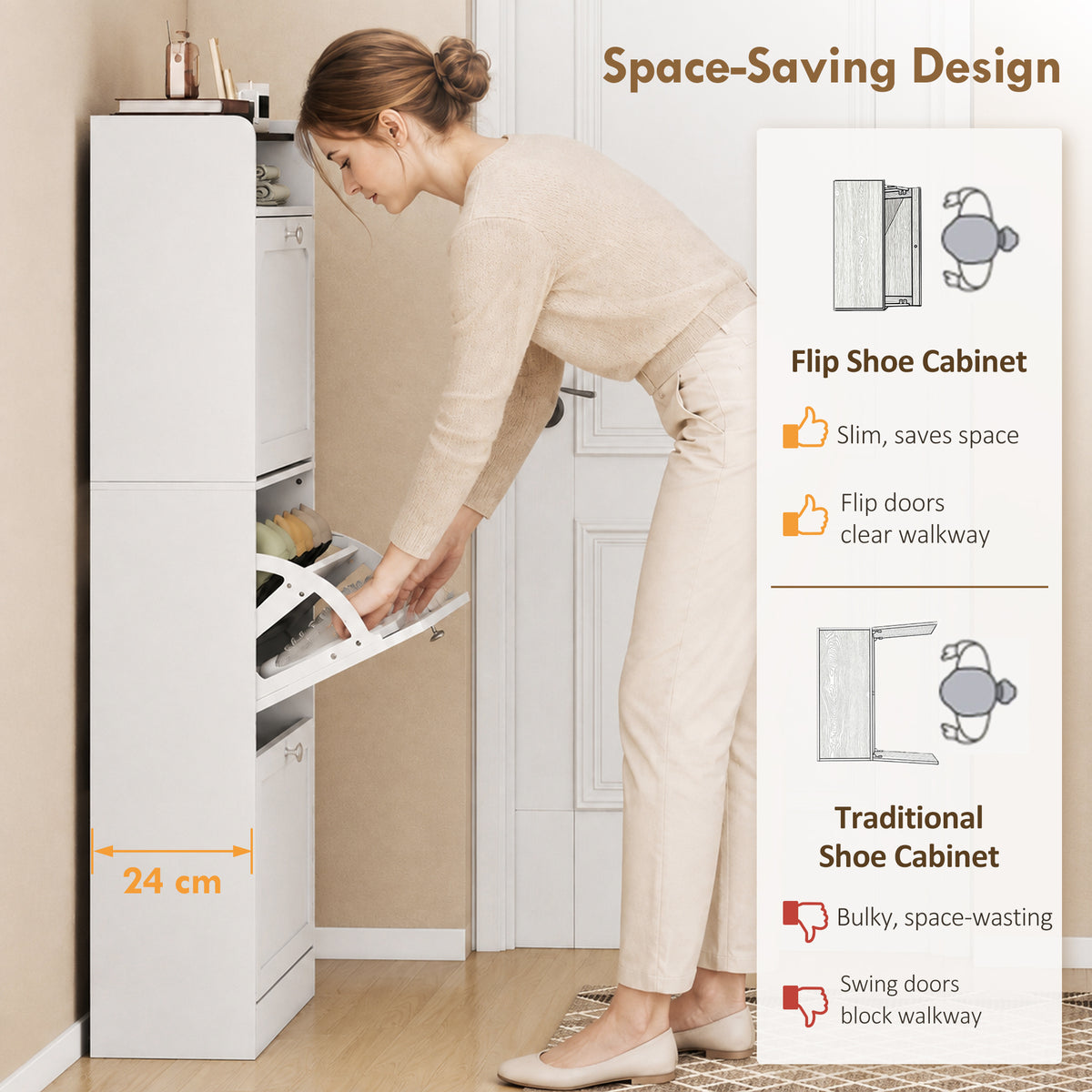 Shoe Cabinet with 3 Flip Drawers and Sensor Light – 24"W x 54"H