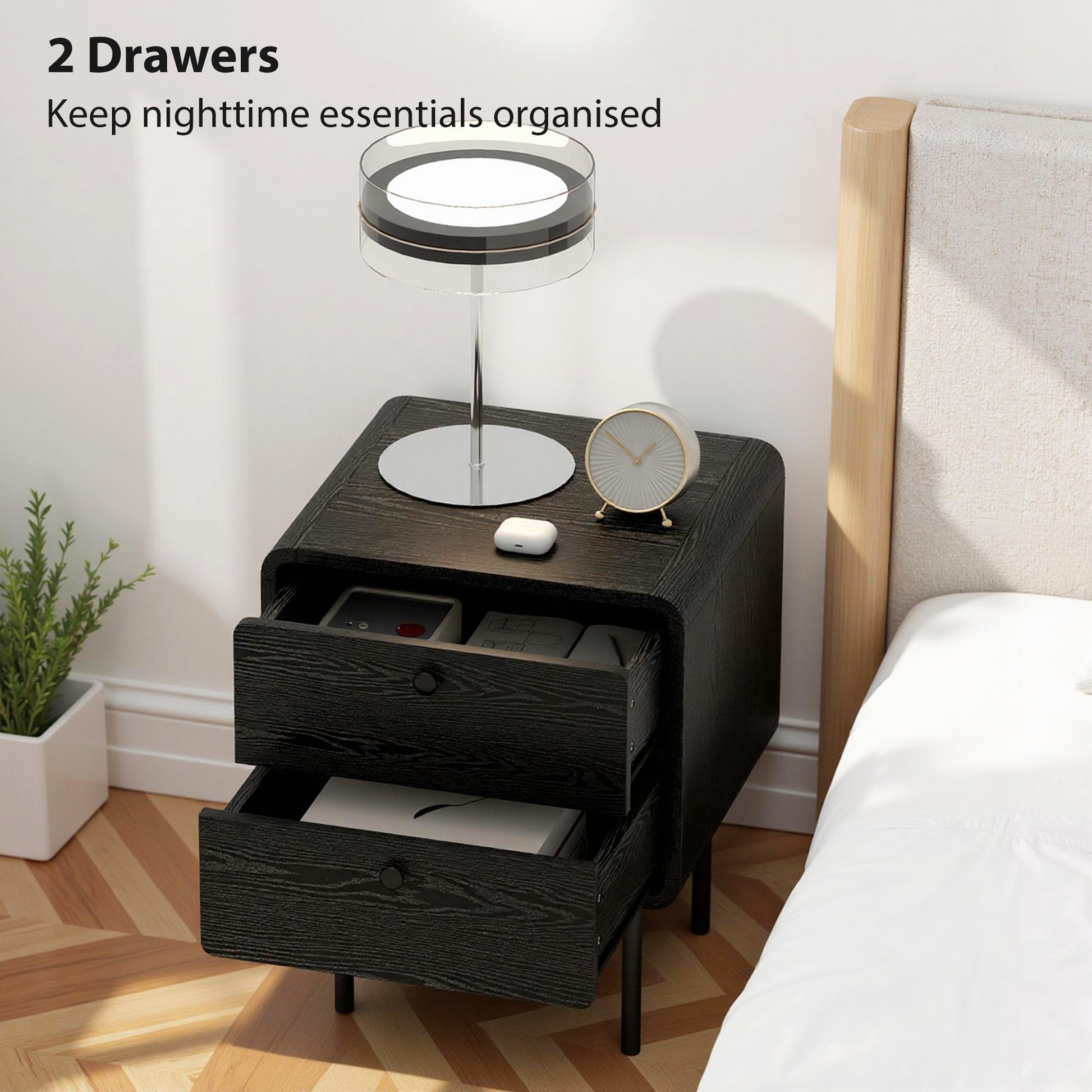Modern Black Wood Grain Nightstands Set of Two, Dual Storage Drawers
