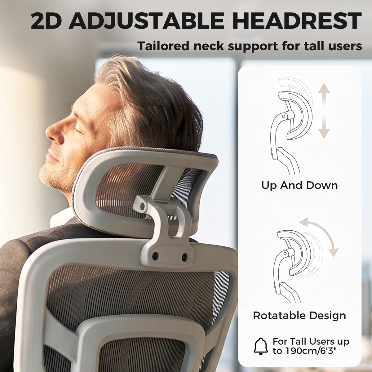 Ergonomic Office Chair with Lumbar Support, 2D Headrest, Mesh Reclining Desk Chair with Footrest, Grey