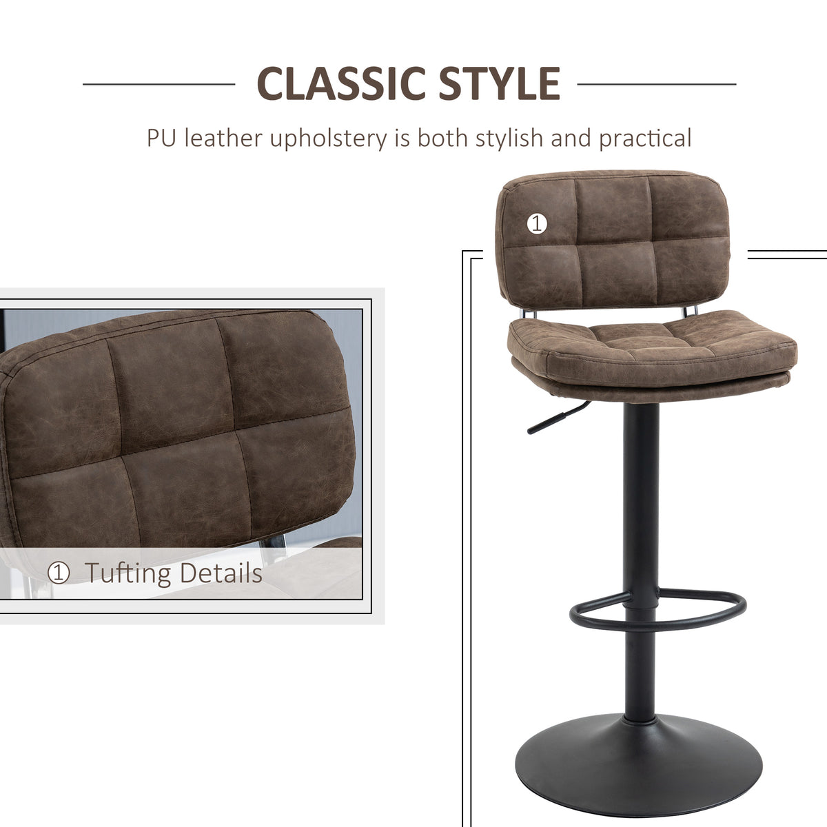 PU Leather Adjustable Swivel Counter Stools with Back and Footrest, Set of 2, Black