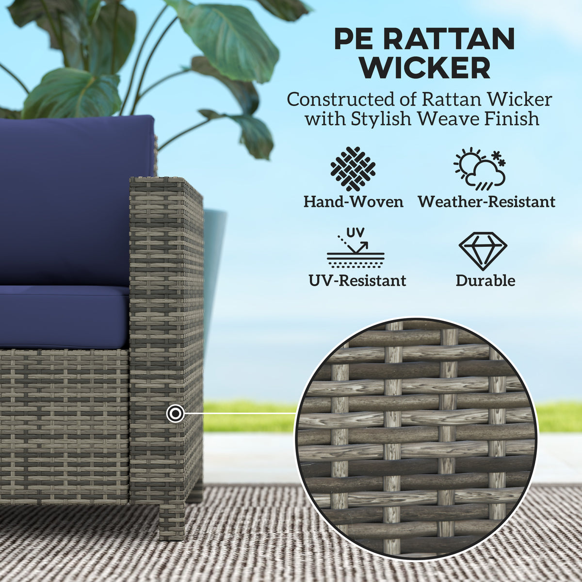 Wicker Outdoor Sofa, All Weather Patio Couch Loveseat with Cushions for Balcony, Deck, Garden, Poolside – Dark Blue