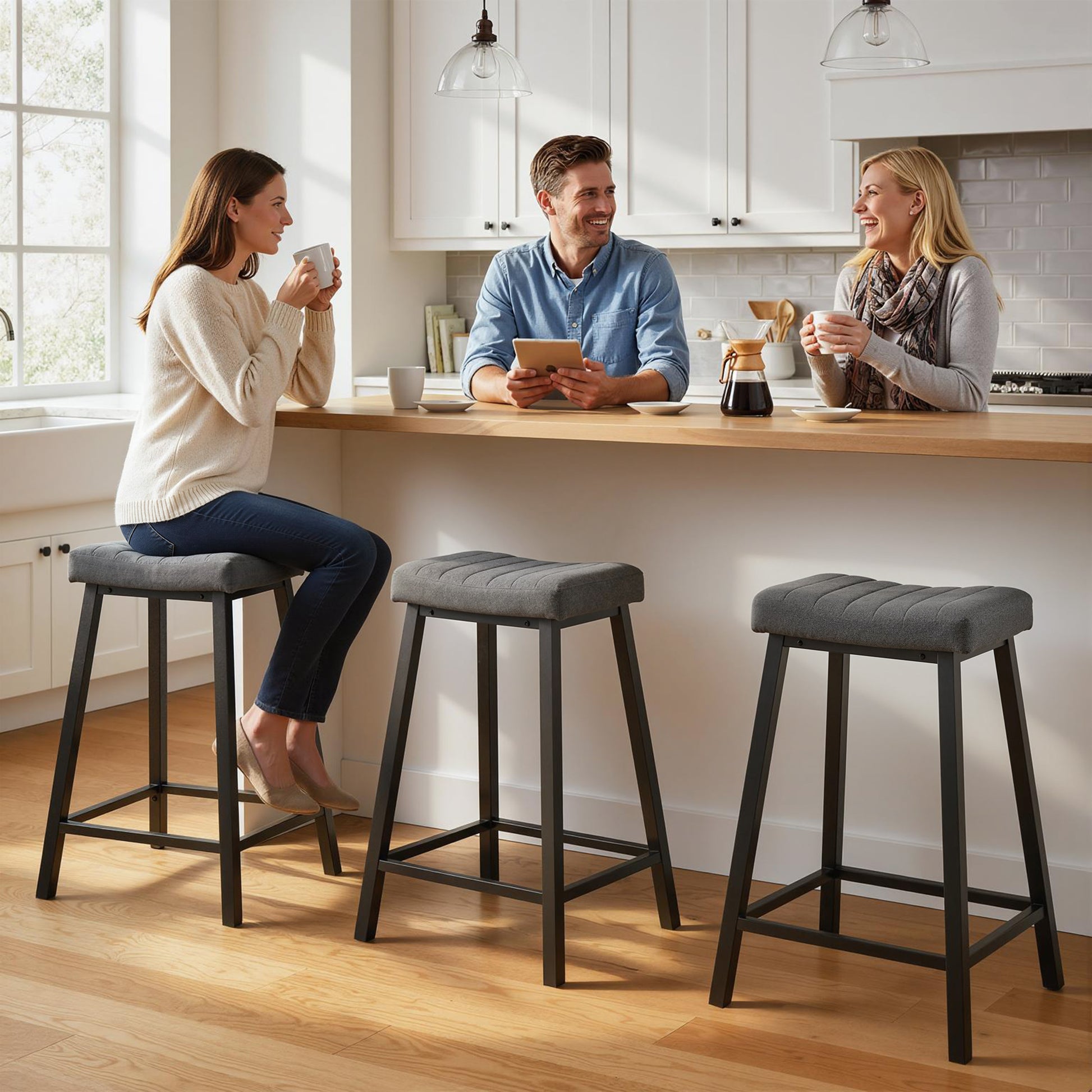 HOMCOM Velvet Upholstered Bar Stools Set of 3 Grey