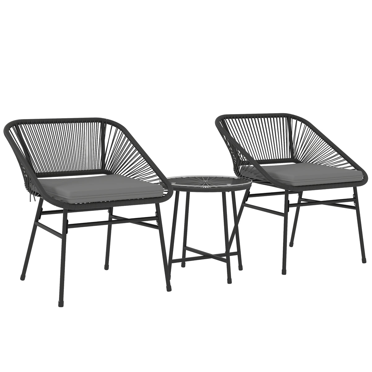 3 Piece Bistro Set, Wicker Outdoor Patio Furniture Set with Glass Top Table, Cushions for Balcony, Porch