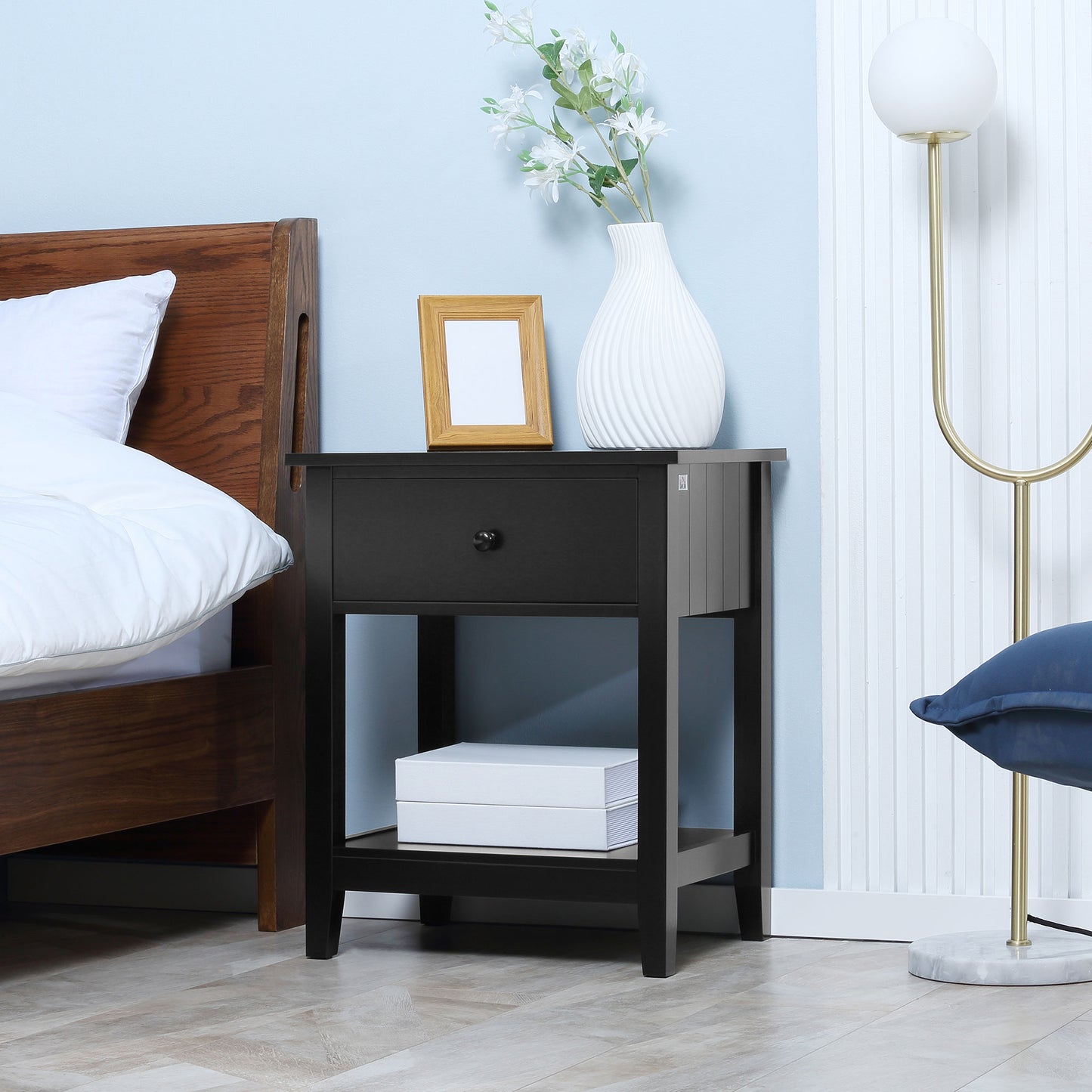 HOMCOM Modern Black Nightstand End Table with Drawer and Shelf for Bedroom Living Room