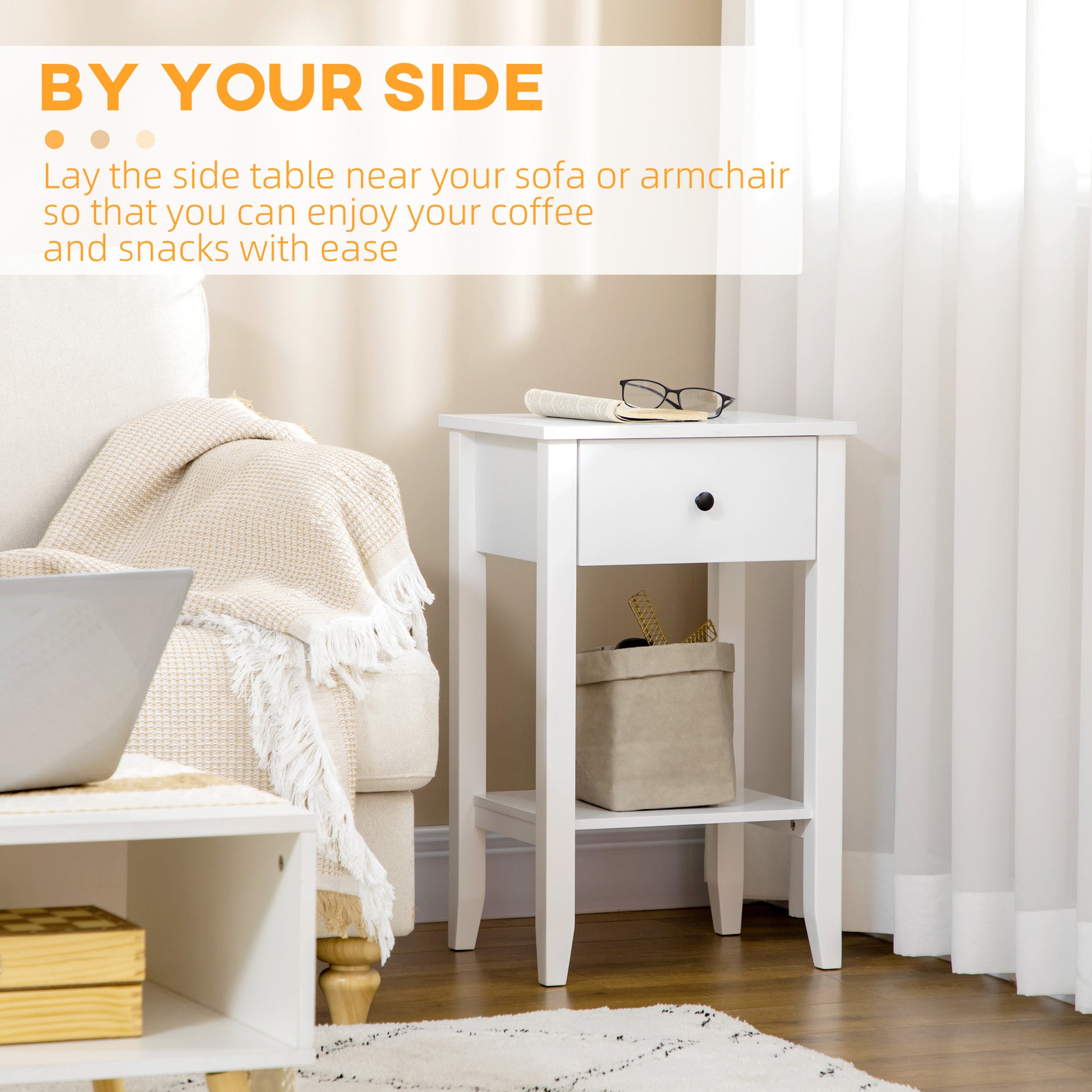 HOMCOM Modern White 2-Tier Side Table with Drawer & Storage