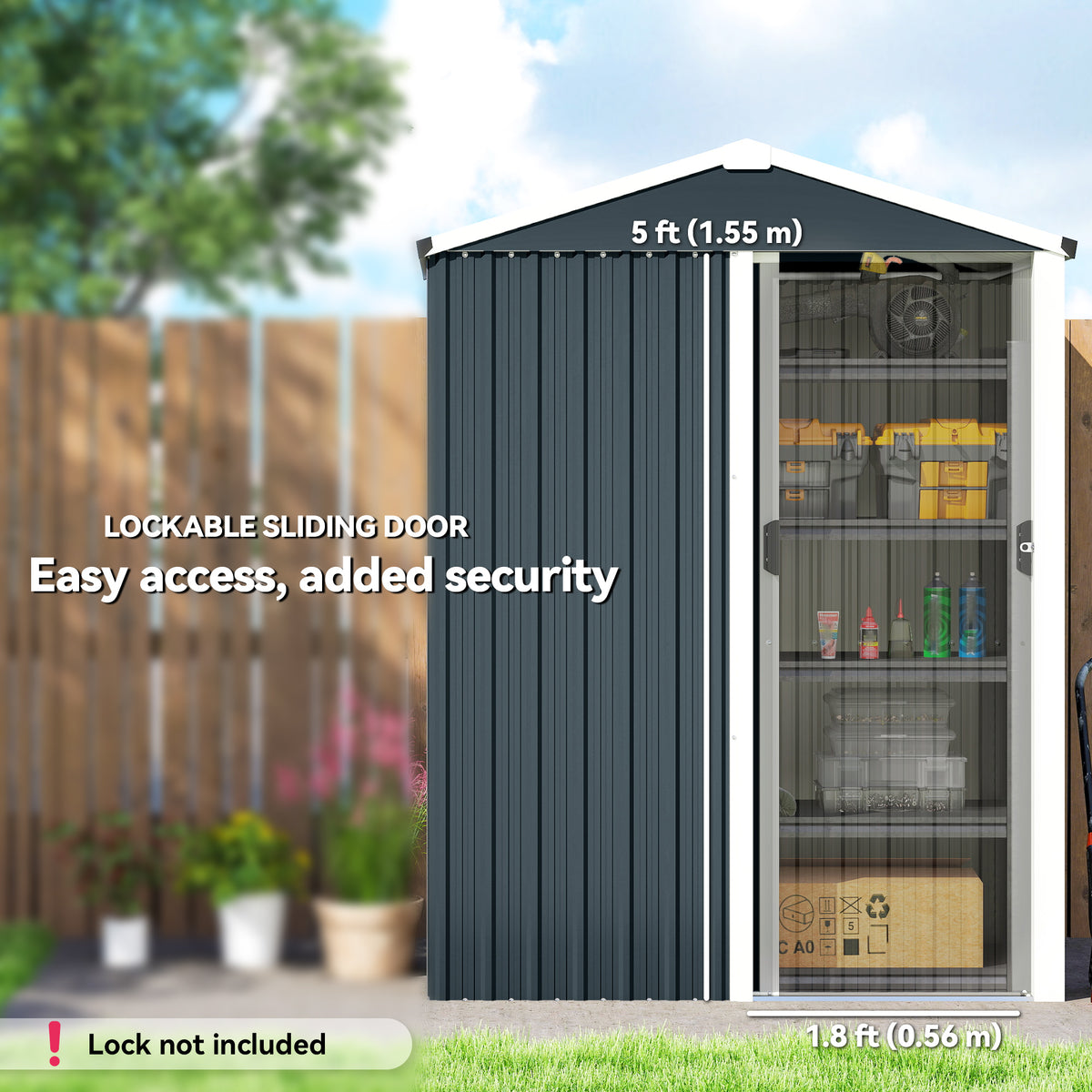 4.5 x 3ft Outdoor Storage Shed, Waterproof Metal Garden Shed with Lockable Door for Backyard, Patio, Lawn – Dark Grey