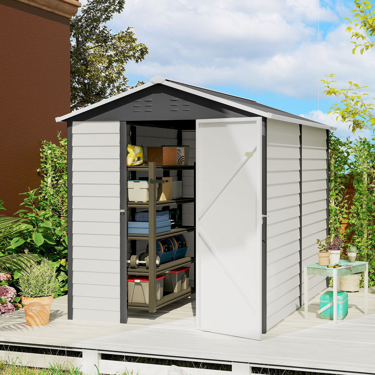 9' x 6' Garden Shed, Outdoor Storage Patio Shed w/ Sloped Roof, Lockable Door for Patio Lawn – Dark Grey