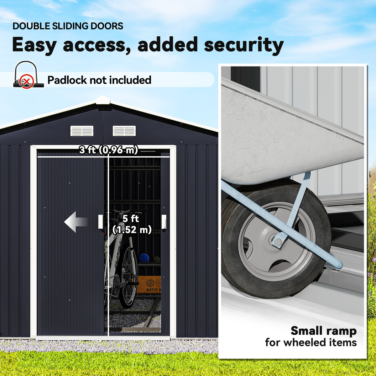 11' x 9' Metal Storage Shed Garden Tool House with Double Sliding Doors, 4 Air Vents for Backyard, Patio, Lawn – Dark Grey