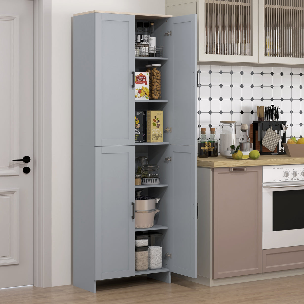 4-Door Kitchen Pantry Cabinet with Adjustable Shelves – 24"W x 67"H