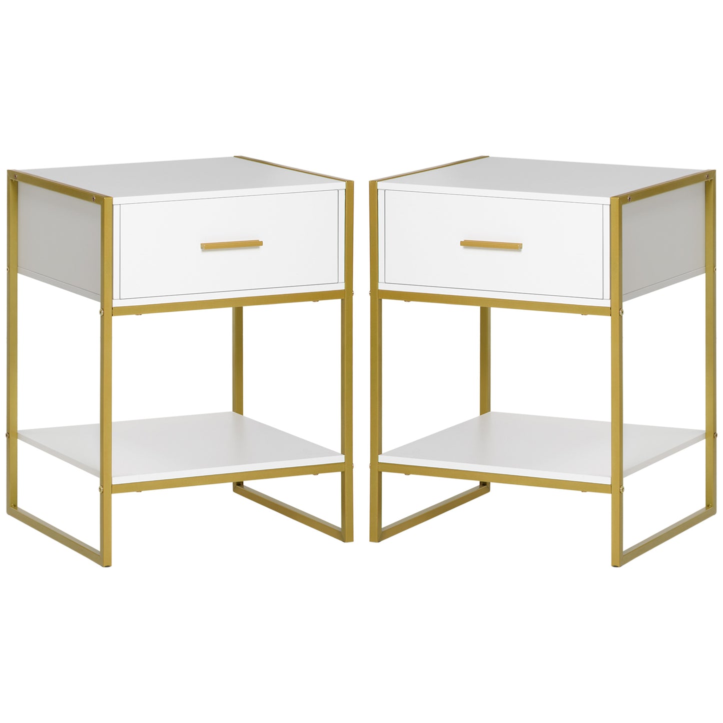 HOMCOM Modern White Gold Nightstand Set with Drawer & Storage Shelf