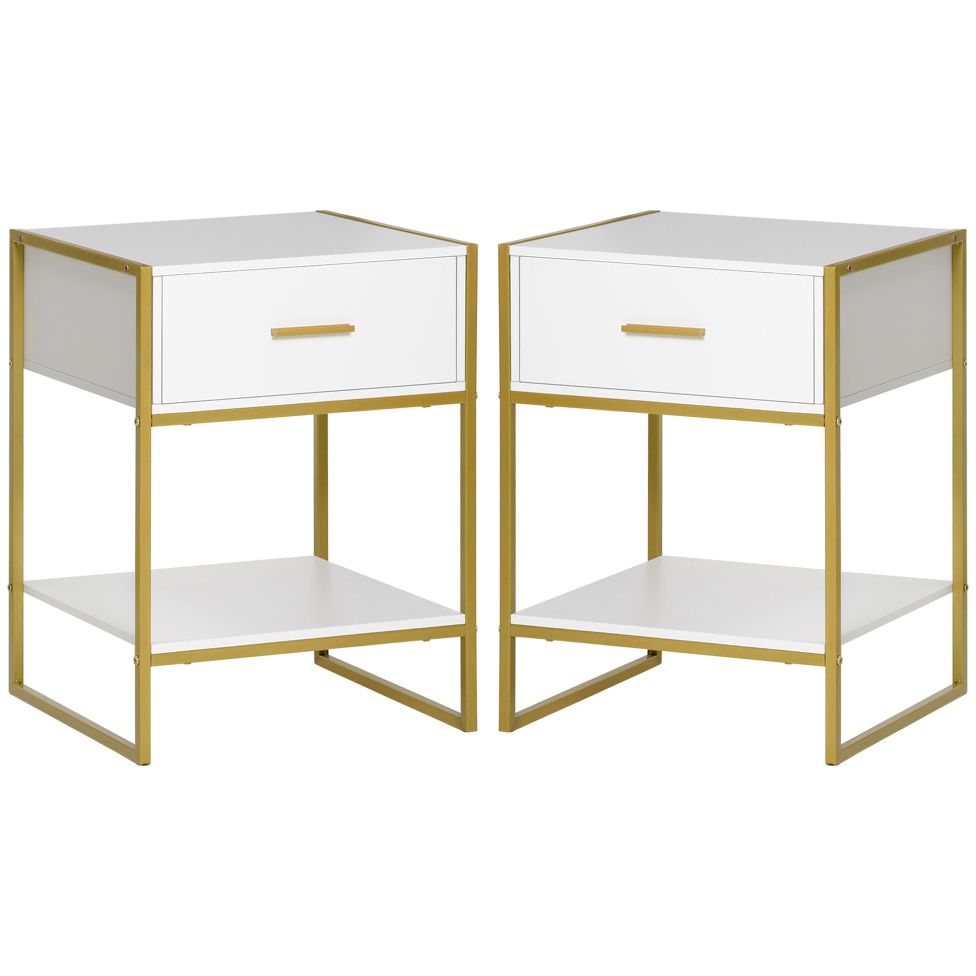 HOMCOM Modern White Gold Nightstand Set with Drawer & Storage Shelf