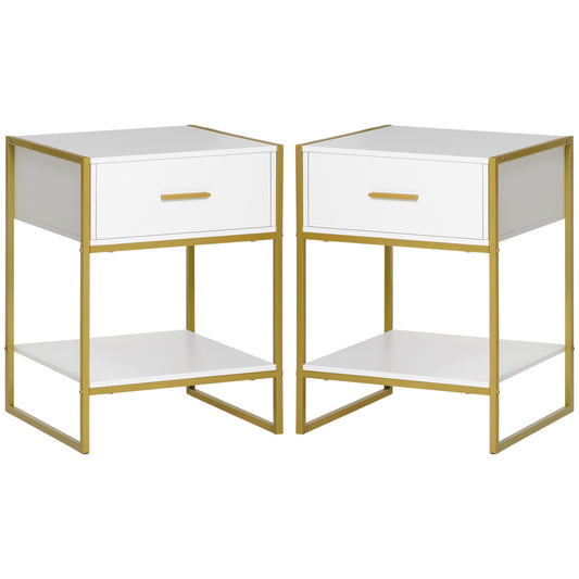 HOMCOM Modern White Gold Nightstand Set with Drawer & Storage Shelf