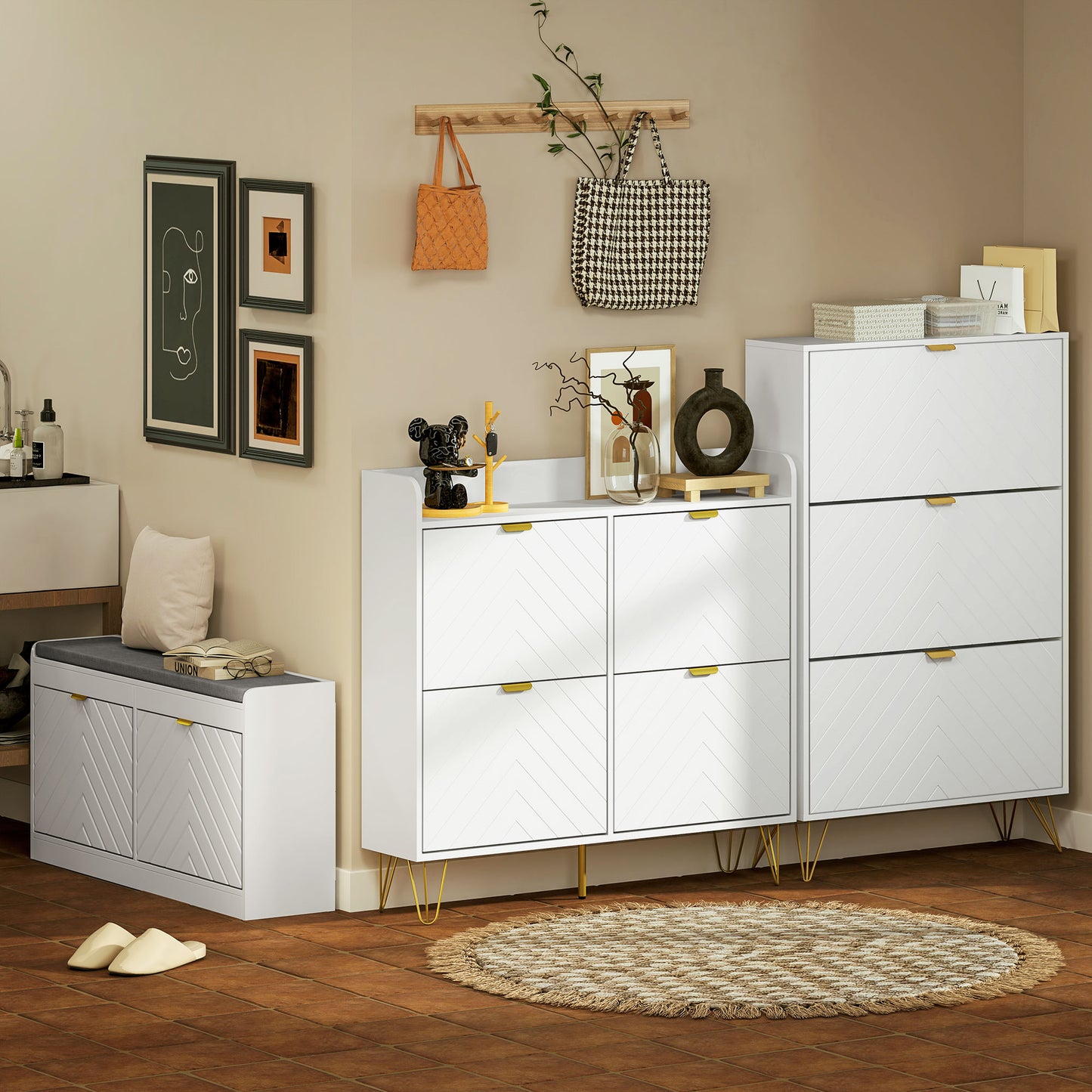 Shoe Storage with Seat, Upholstered Hallway Bench, Shoe Bench with 2 Flip Drawers and 4 Vents for 8 Pairs of Shoes