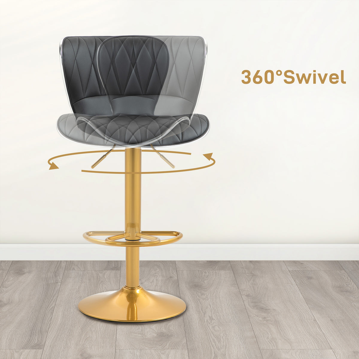 Diamond-Tufted PU Leather Swivel Counter Stools, Gold Base, Set of 2