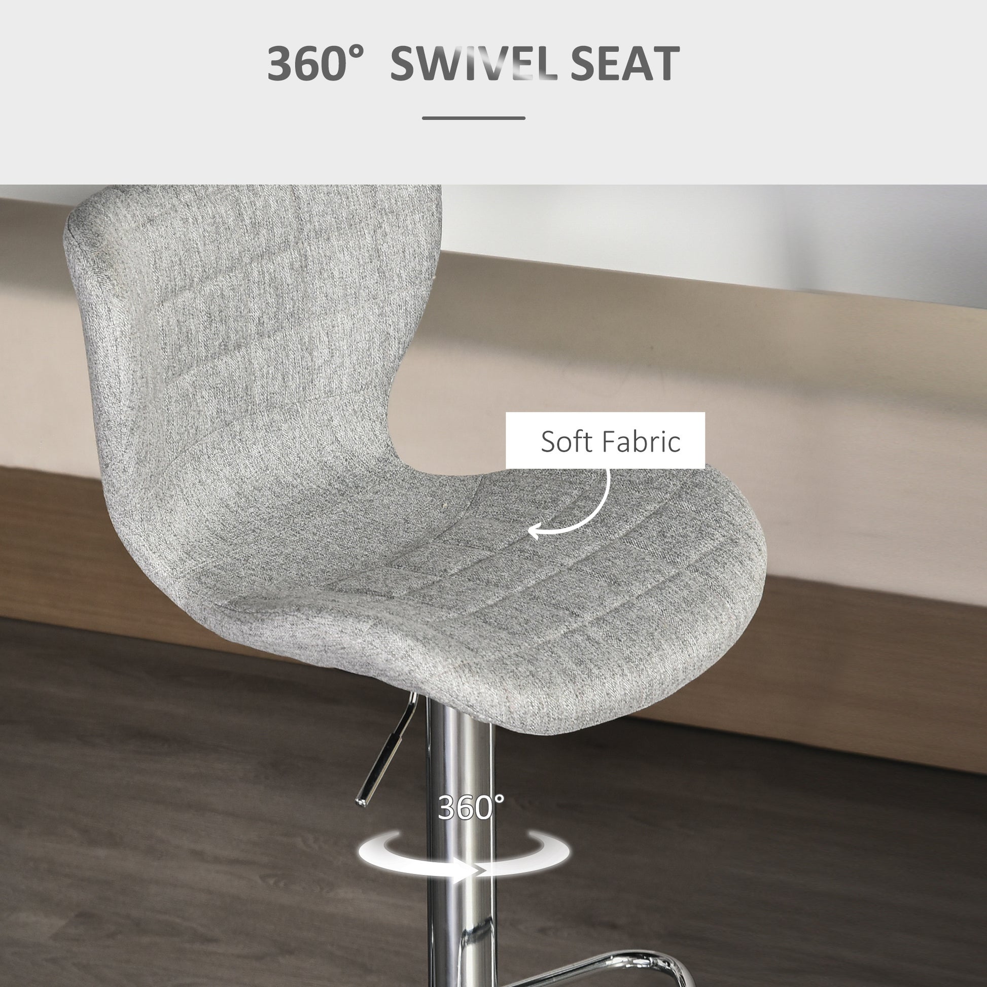 HOMCOM Two Grey Linen Adjustable Swivel Bar Stools with Footrest