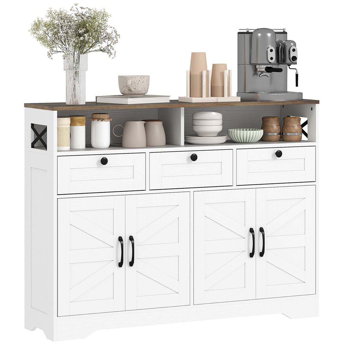 Buffet Cabinet with 4 Barn Doors and 3 Drawers – 47"W x 35"H