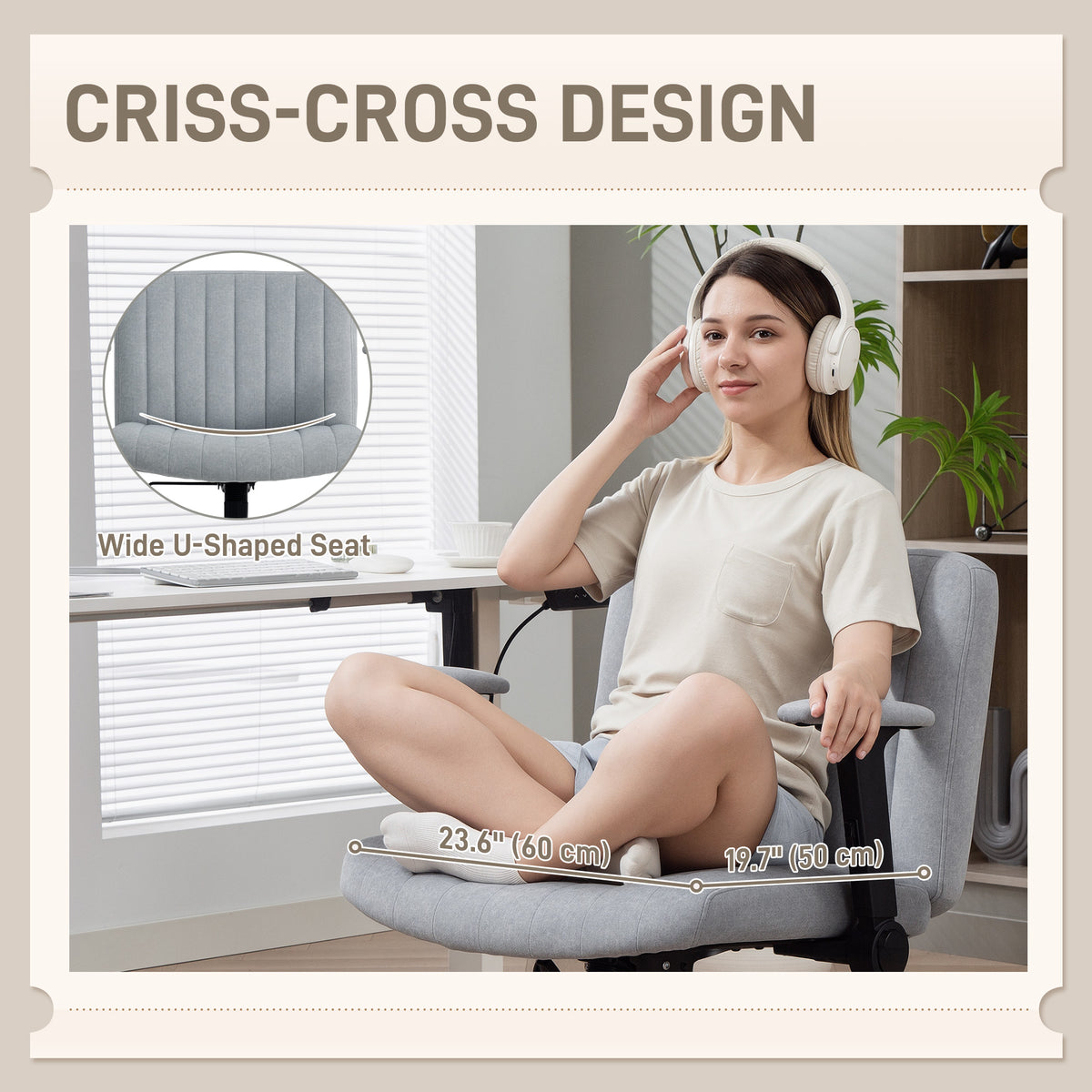 Criss Cross Chair with Flip-up Armrests, Wide Office Chair with Adjustable Height, Grey