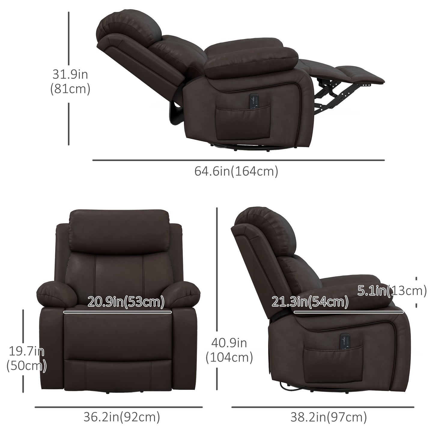 HOMCOM Brown PU Leather Massage Recliner Swivel Rocking Chair