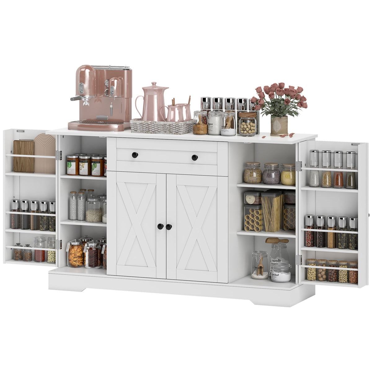 Farmhouse Sideboard with Barn Doors and Door Shelves – 54"W x 33"H