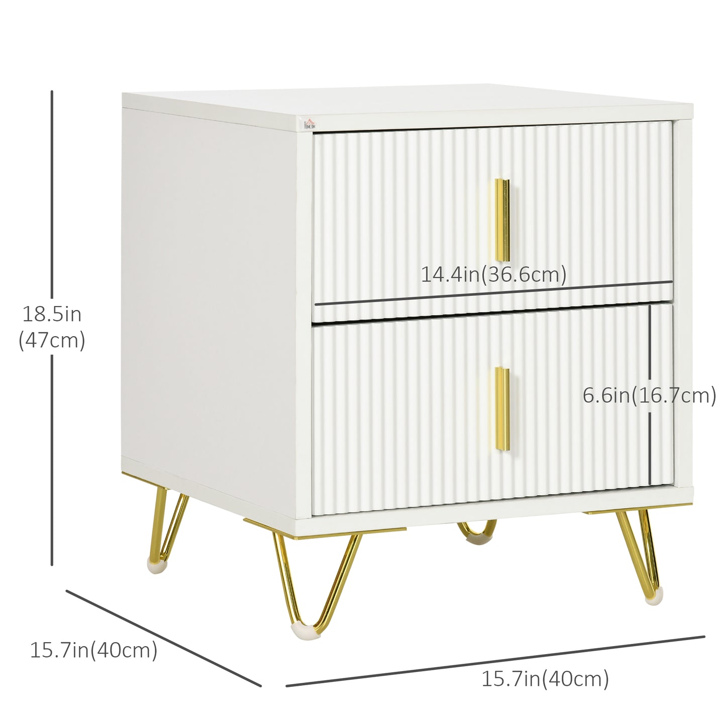 Modern White Nightstand Bedside Table with 2 Storage Drawers, Gold Metal Legs
