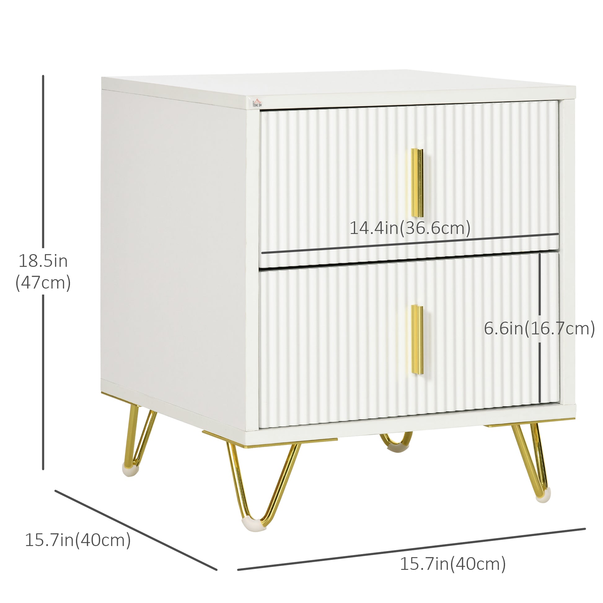 Modern White Nightstand Bedside Table with 2 Storage Drawers, Gold Metal Legs